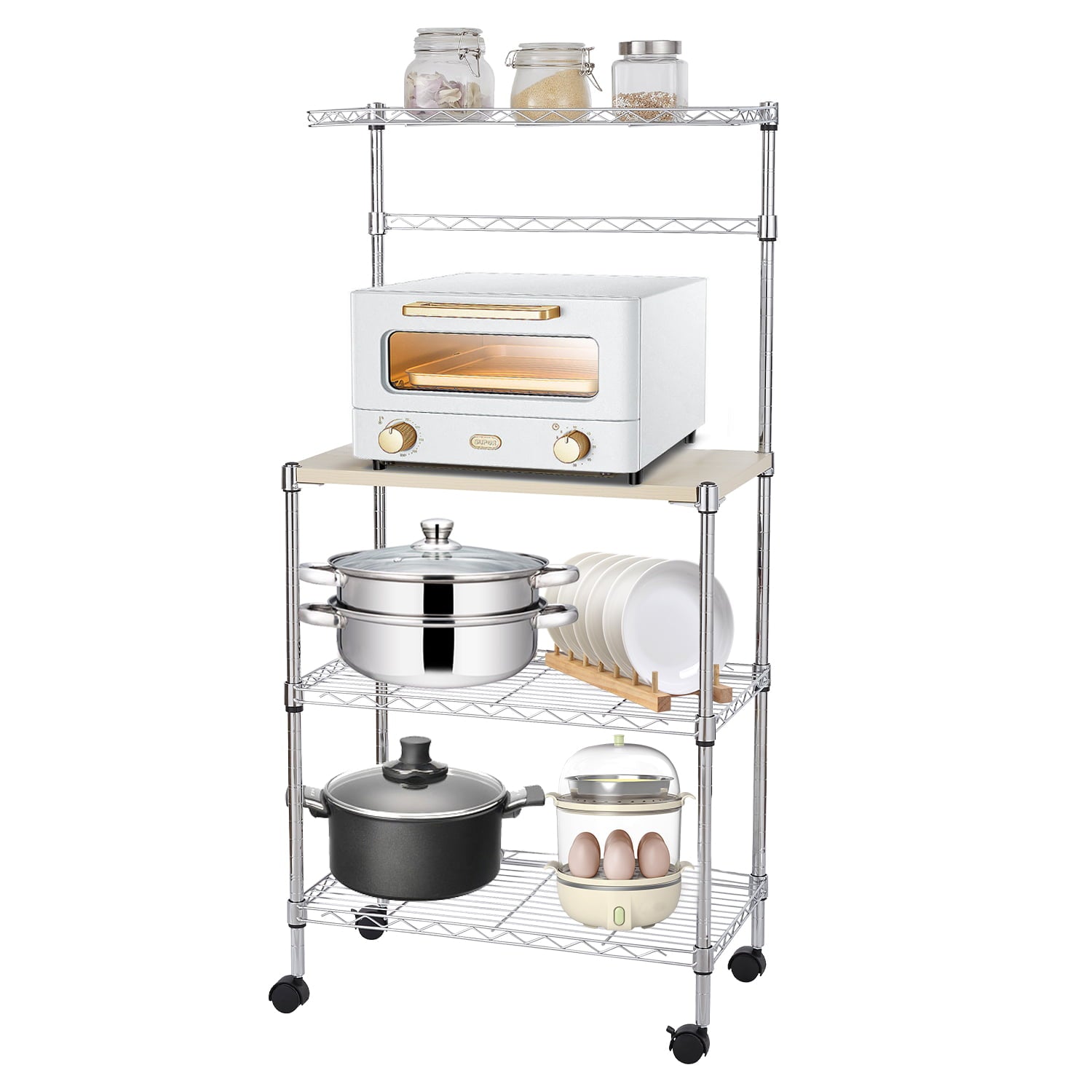 uhomepro Corner Bakers Rack， 4 Tier Kitchen Storage Microwave Rack， Microwave Cart with Cutting Board， Bakers Racks for Microwave， Silver Metal Storage Shelves