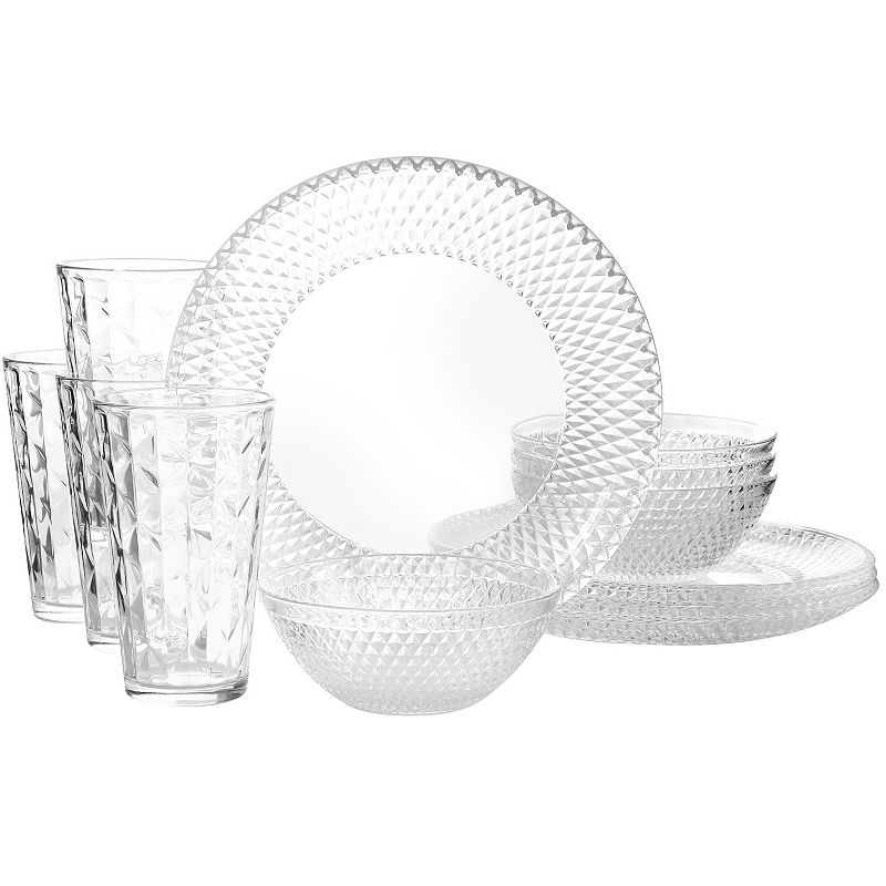 Gibson Everyday Clearview Diamond 12 Piece Embossed Glass Dinnerware Set