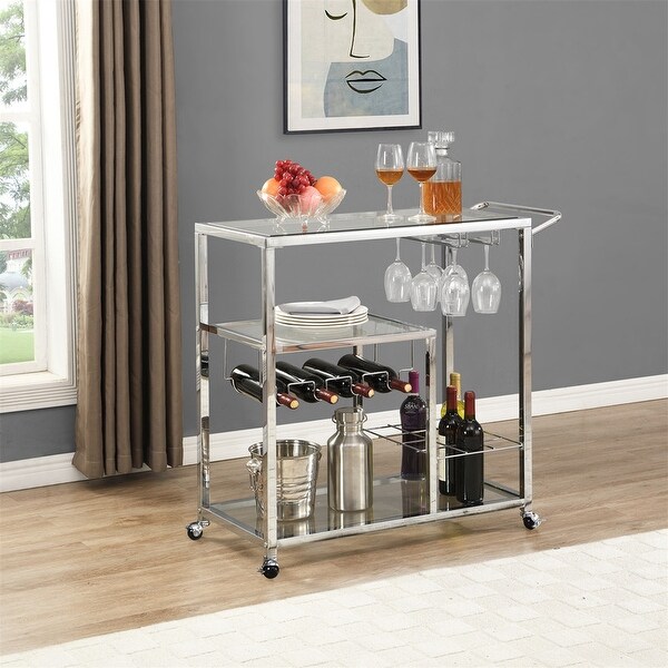Contemporary Chrome Bar Serving Cart Silver Modern Glass Metal Frame Wine Storage - - 37256902