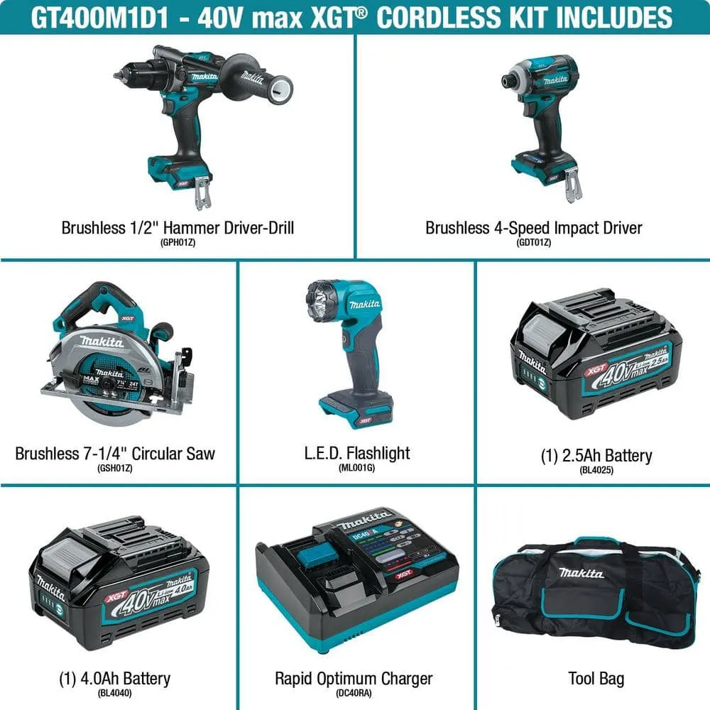 Makita 40V Max XGT Brushless Cordless 4-Piece Combo Kit (Hammer Driver-Drill/Impact Driver/Circ Saw/Flashlight) 2.5Ah/4.0Ah GT400M1D1