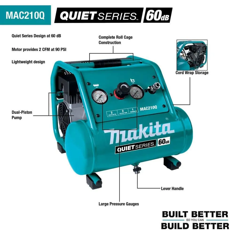 Makita Quiet Series 2 Gal. 1 HP Oil-Free Electric Air Compressor MAC210Q