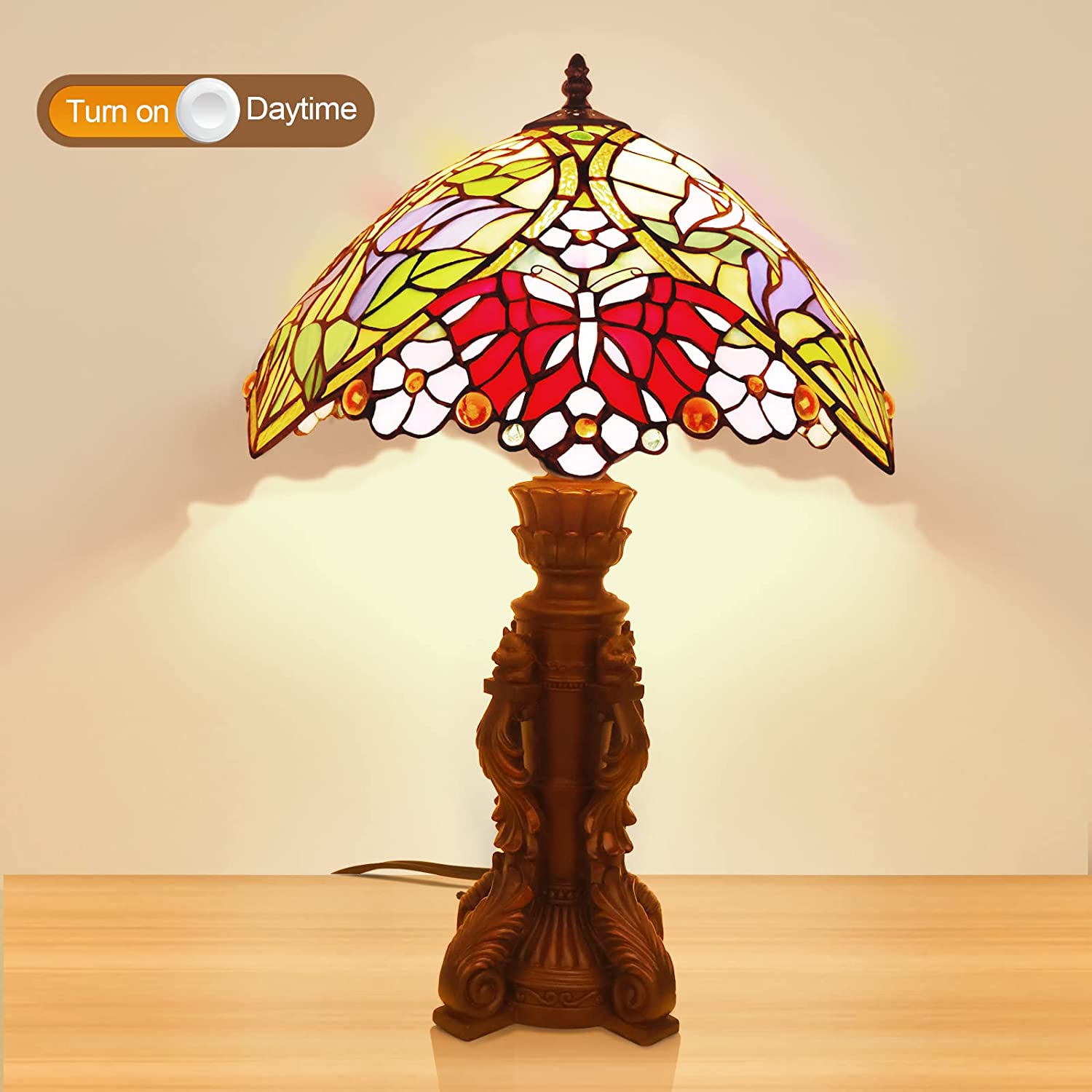 SHADY  Lamp Stained Glass Bedside Lamp for Bedroom 22\u2019\u2019 Tall Retro Desk Light Lamp LED Bulb(2700K  E26) Included Christmas