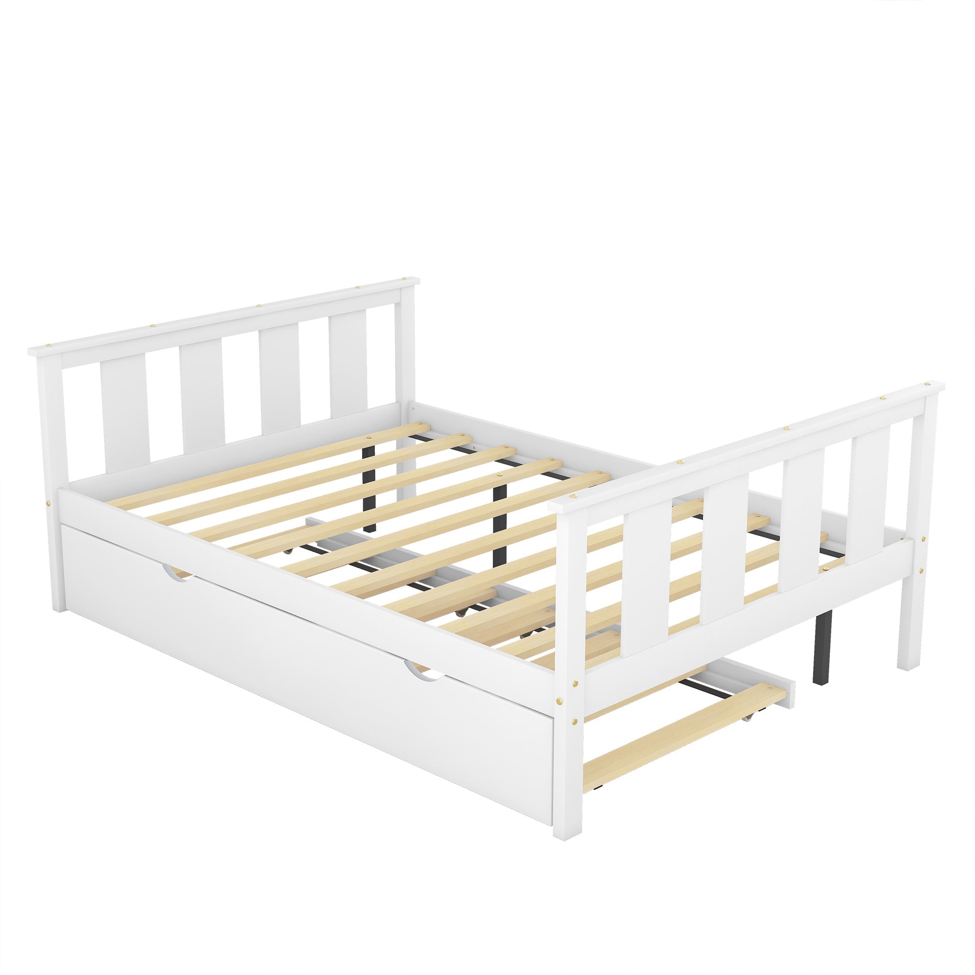 BTMWAY Full Bed with Trundle, Modern Full Size Solid Wood Platform Bed Frame with Headboard, Footboard and Trundle Included, No Box Spring Needed, Trundle Bed for Kids Teens Adults, White