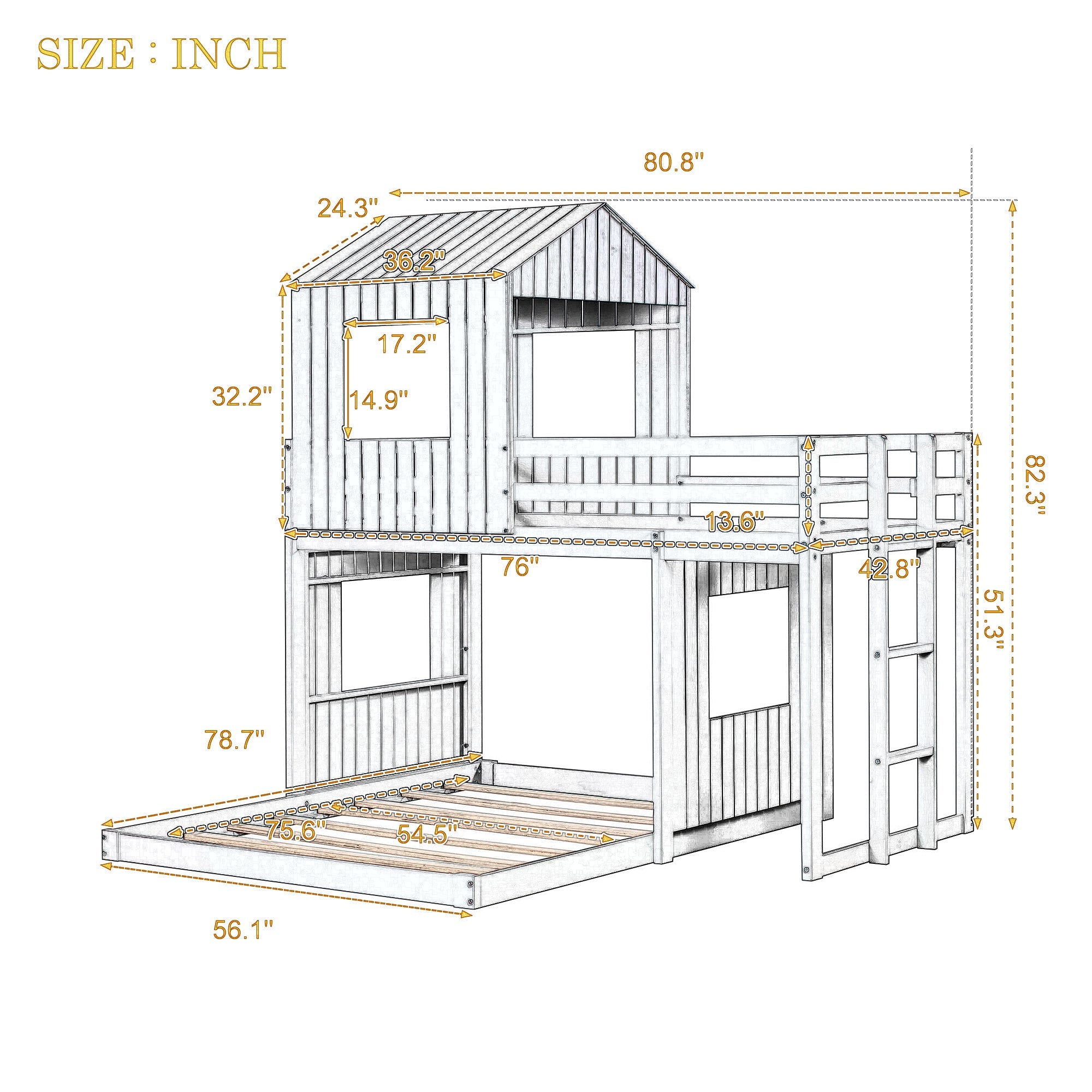 Churanty Wooden House Bunk Bed Twin Over Full Bunk Bed Floor Playhouse Bed For Kids Antique Gray