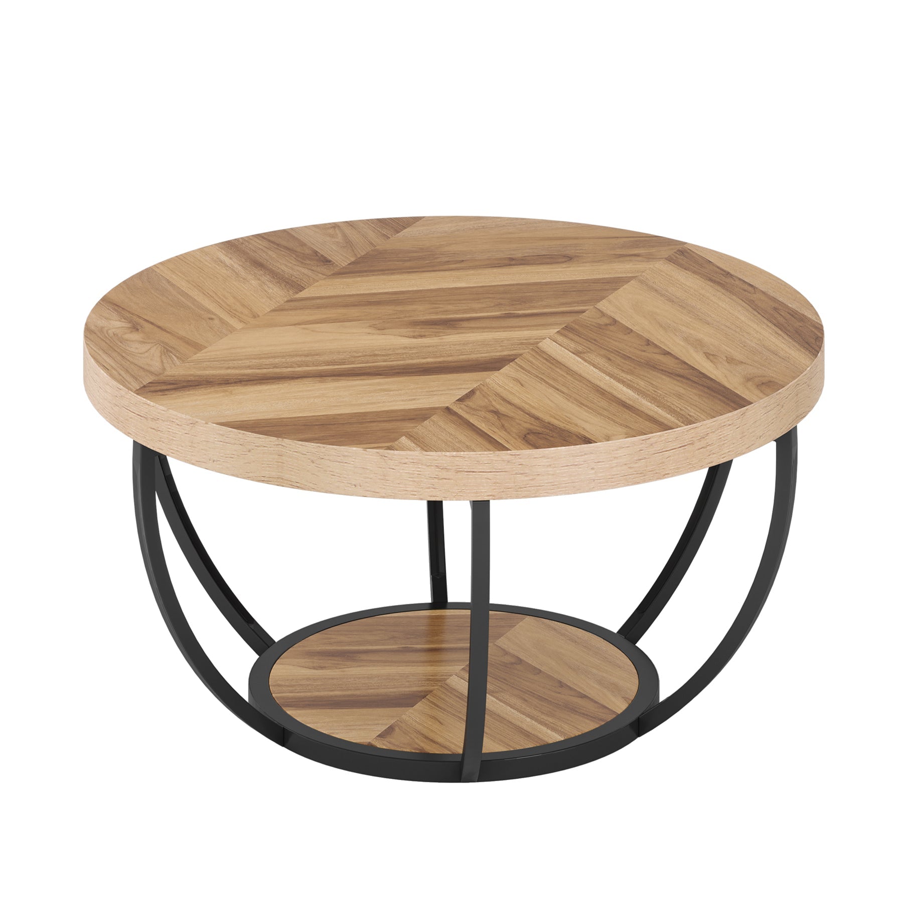 Wooden Coffee Table, 2-Tier Round Central Cocktail Table with Shelves