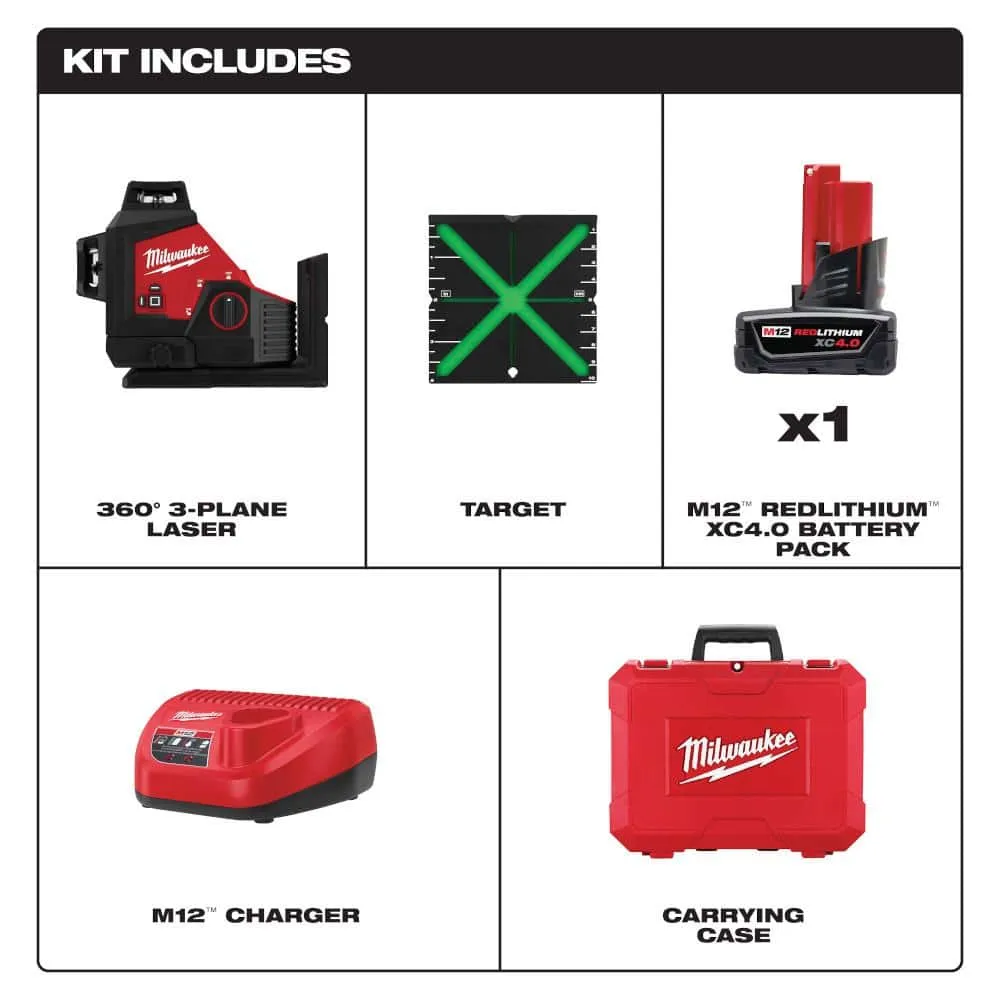 Milwaukee M12 12-Volt Lithium-Ion Cordless Green 250 ft. 3-Plane Laser Level Kit with One 4.0 Ah Battery, Charger and Case 3632-21
