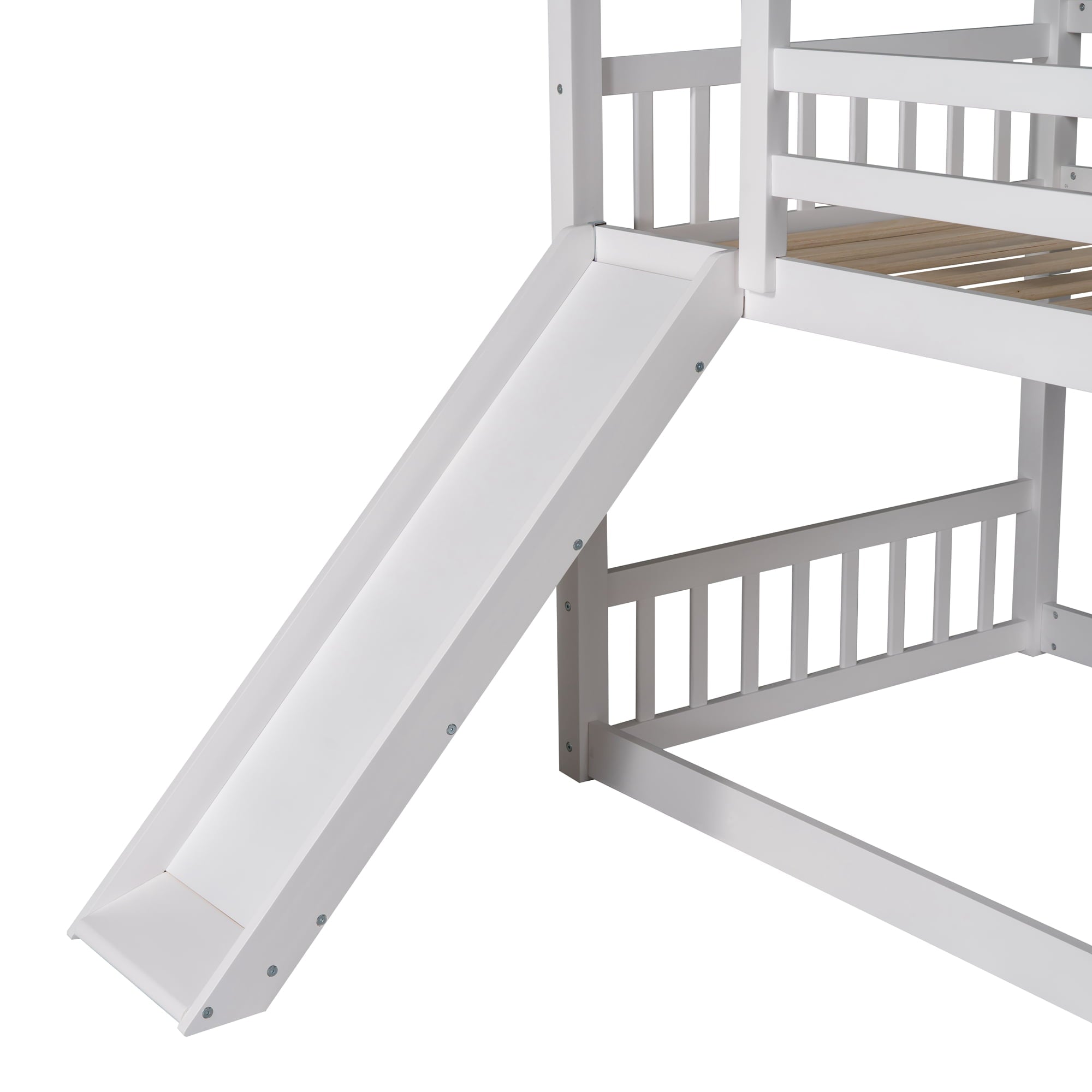 Twin House Bunk Bed with Convertible Slide and Ladder for Kids Room, White