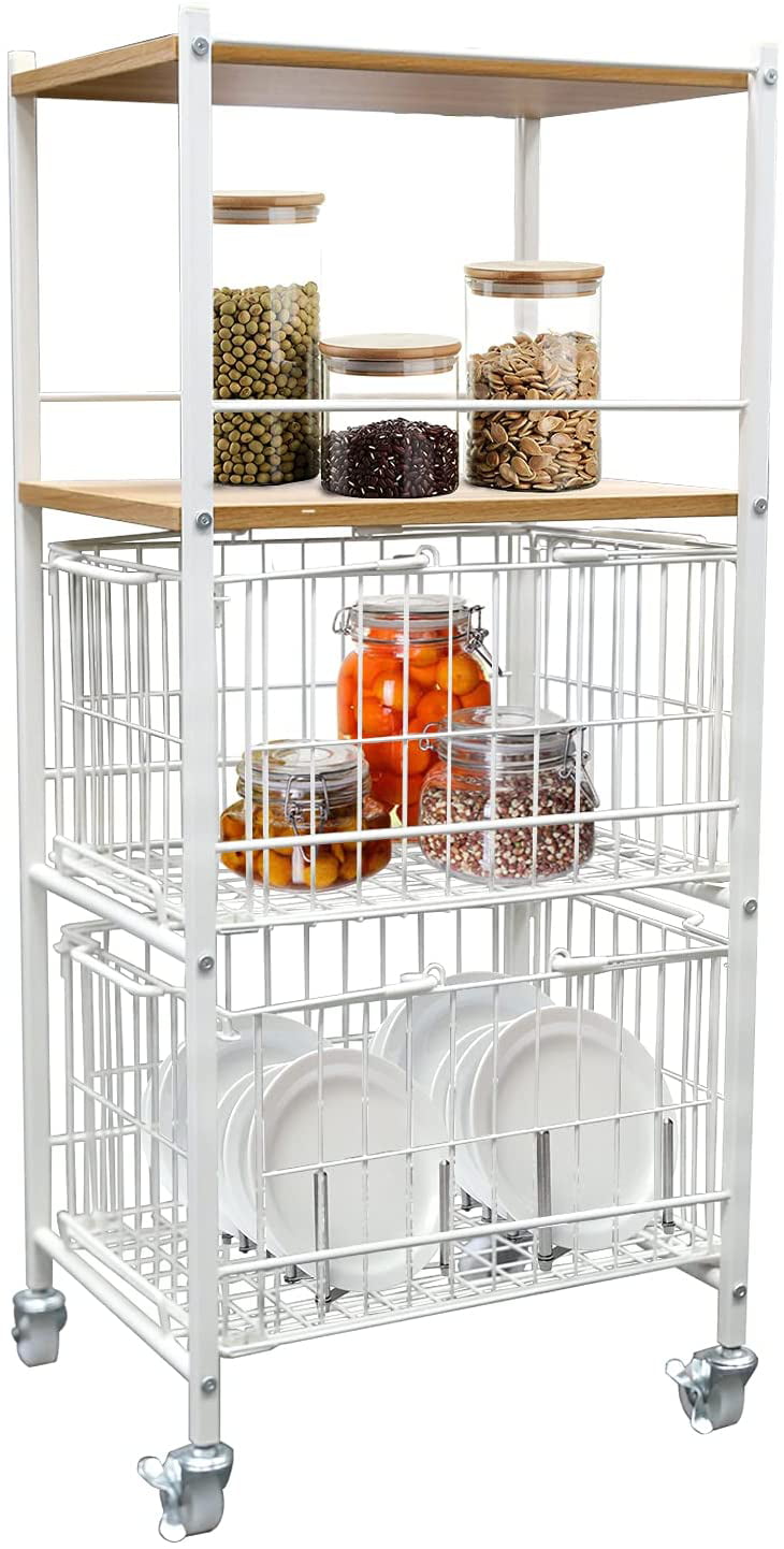 Kitchen Shelves Storage Basket for Organizing Rolling Utility Cart Pantry Unit with Wheels White