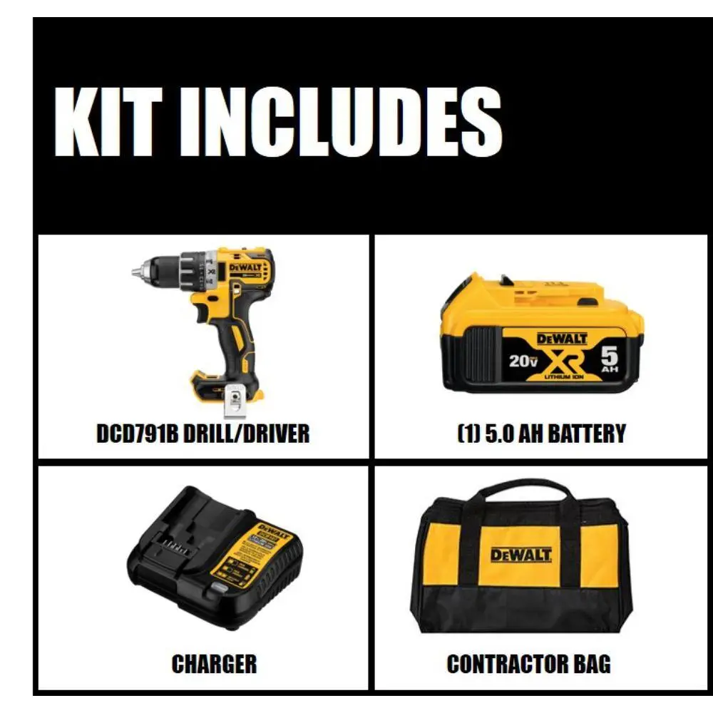 DEWALT 20V MAX XR Lithium-Ion Cordless Brushless 12 in. DrillDriver(1) 5.0Ah Battery (1) 4.0Ah Compact Battery and Charger DCD791P1WDCB240