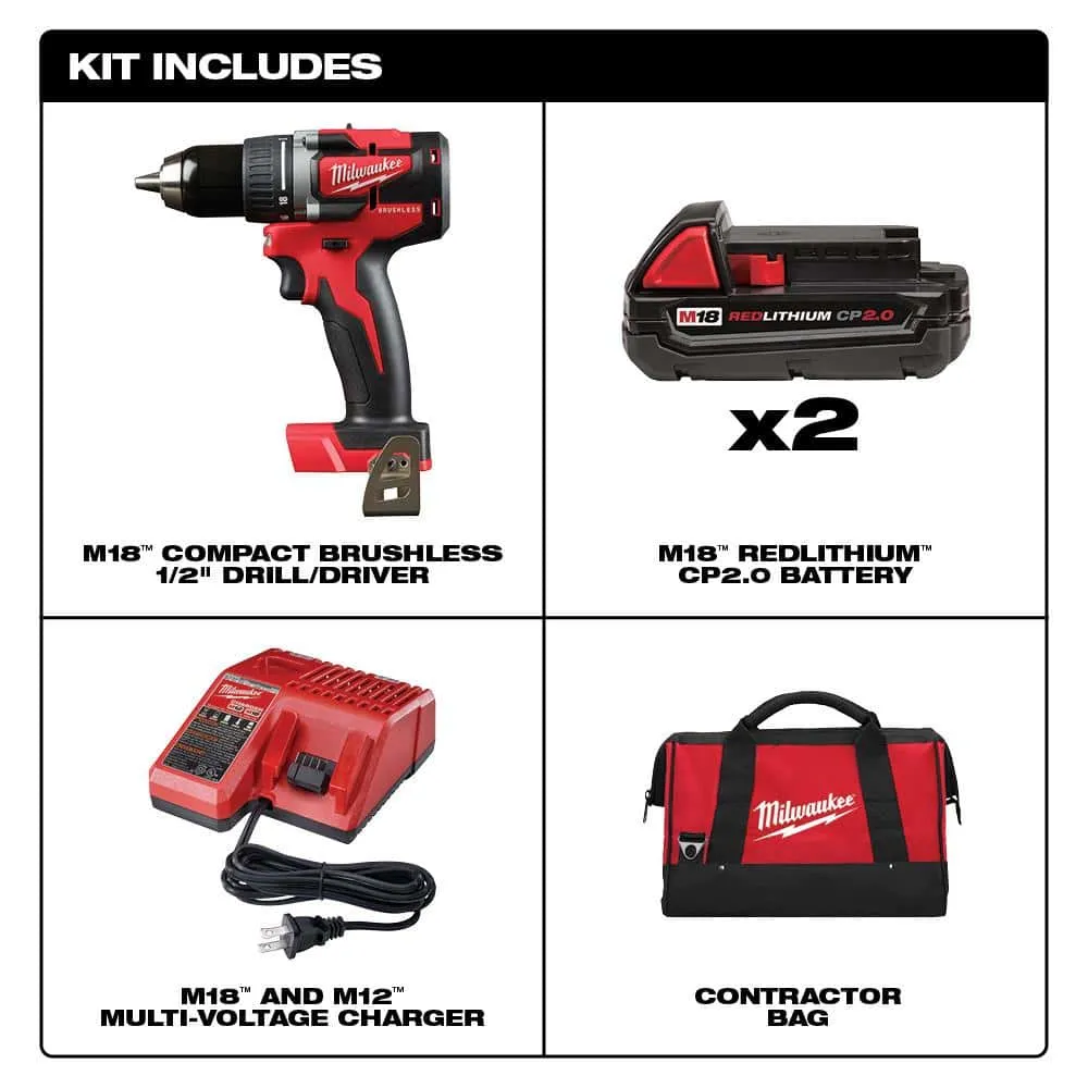 Milwaukee M18 18V Lithium-Ion Brushless Cordless 1/2 in. Compact Drill/Driver Kit with (2) 2.0 Ah Batteries, Charger and Case 2801-22CT