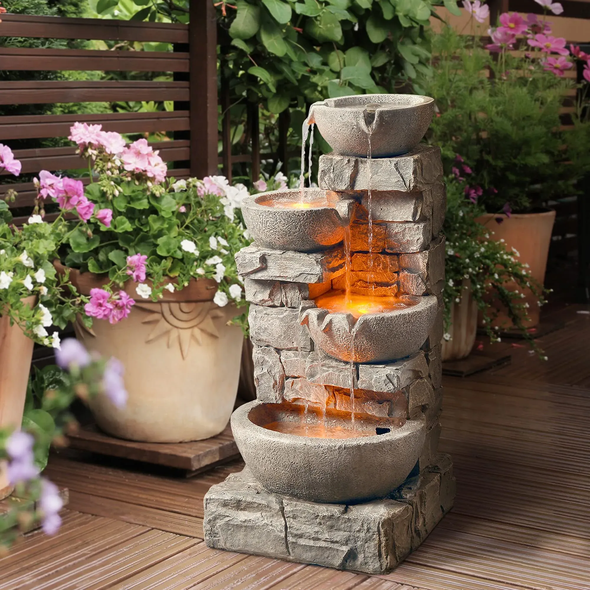 💕Clearance sale💕4 tier bowl floor stacked stone waterfall fountain with LED lights and pump