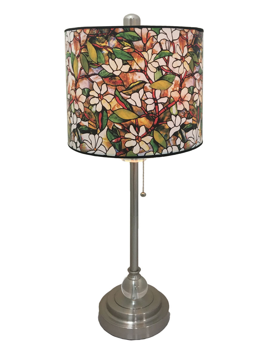 Royal Designs 28" Crystal and Brushed Nickel Buffet Lamp with Magnolia Stained Glass Design Hard Back Lamp Shade