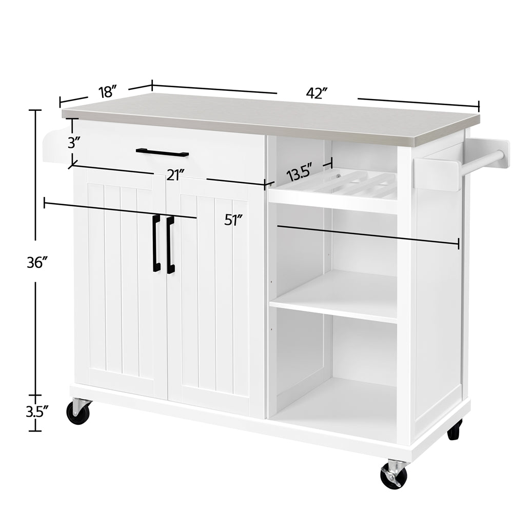 Topeakmart Kitchen Cart with Stainless Steel Top and Storage Kitchen Island on Wheels with Drawer and Cabinet and Open Shelves and Wine Rack and Spice Rack， White