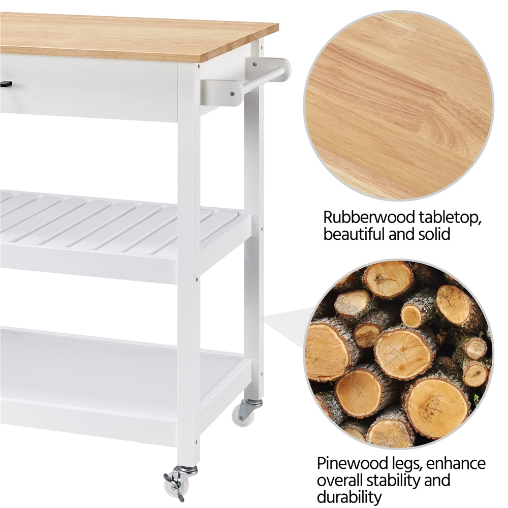Topeakmart Kitchen Island Cart Wheels with Storage and Drawer Solid Wood Countertop White