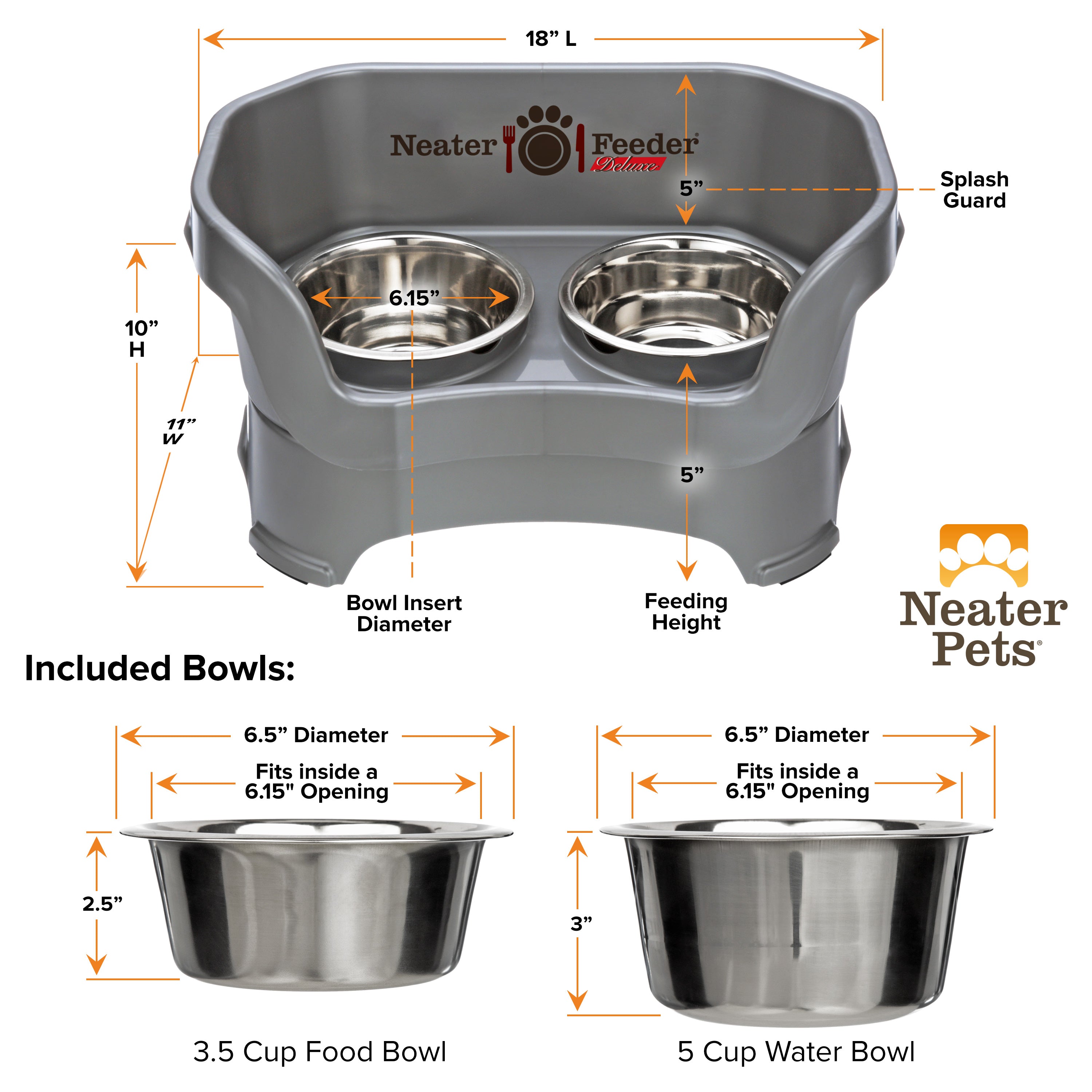 Neater Pets Neater Feeder Deluxe Mess-Proof Elevated Food and Water Bowls for Medium Dogs， Gunmetal