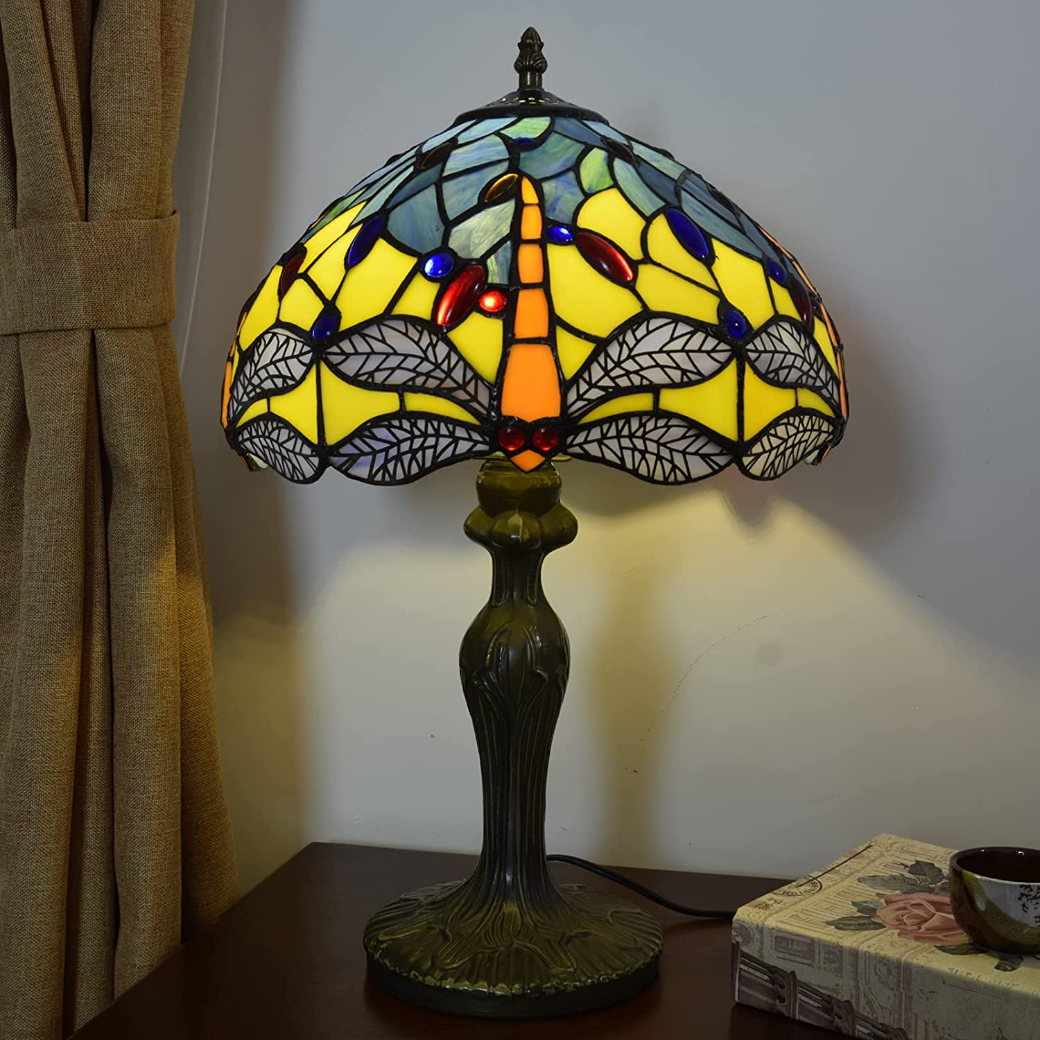 SHADY  Lamp Stained Glass Lamp Yellow Blue Dragonfly Bedroom Table Lamp Reading Desk Light for Bedside Living Room Office Dormitory Dining Room Decorate  12x12x18 Include Light Bul