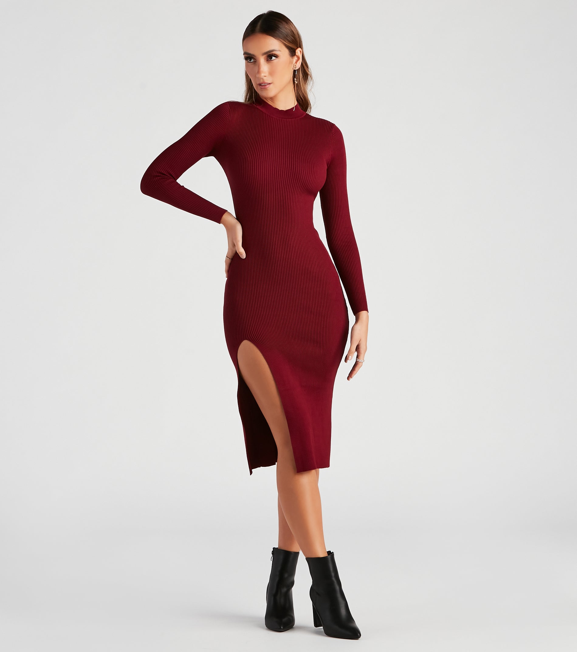 Basic Ribbed Knit High Slit Midi Dress