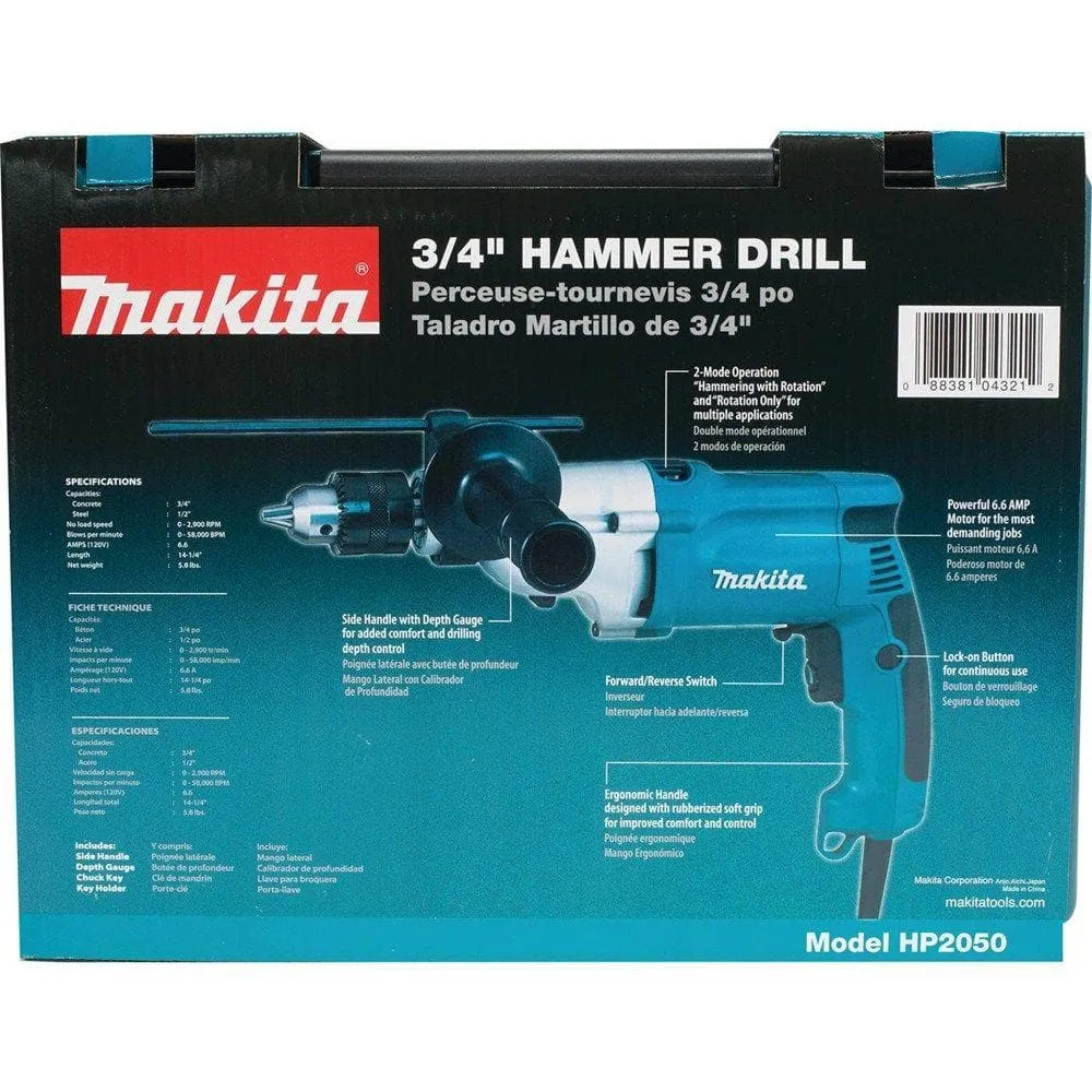 Makita 6.6 Amp 3/4 in. Corded Hammer Drill with Torque Limiter Side Handle Depth Gauge Chuck Key Hard Case HP2050