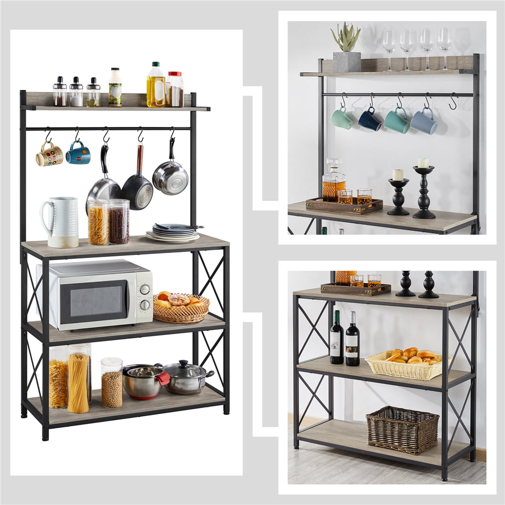 SmileMart 4-Tier Bakers Rack Kitchen Storage Shelf with S-Hooks， Gray