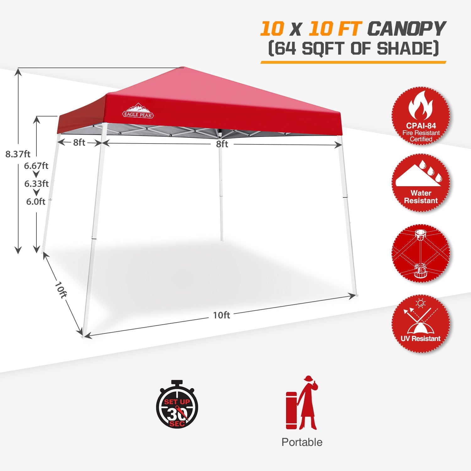 EAGLE PEAK 10' x 10' Slant Leg Pop-up Canopy w/ Easy Peak One Person Setup (64 sqft of Shade)