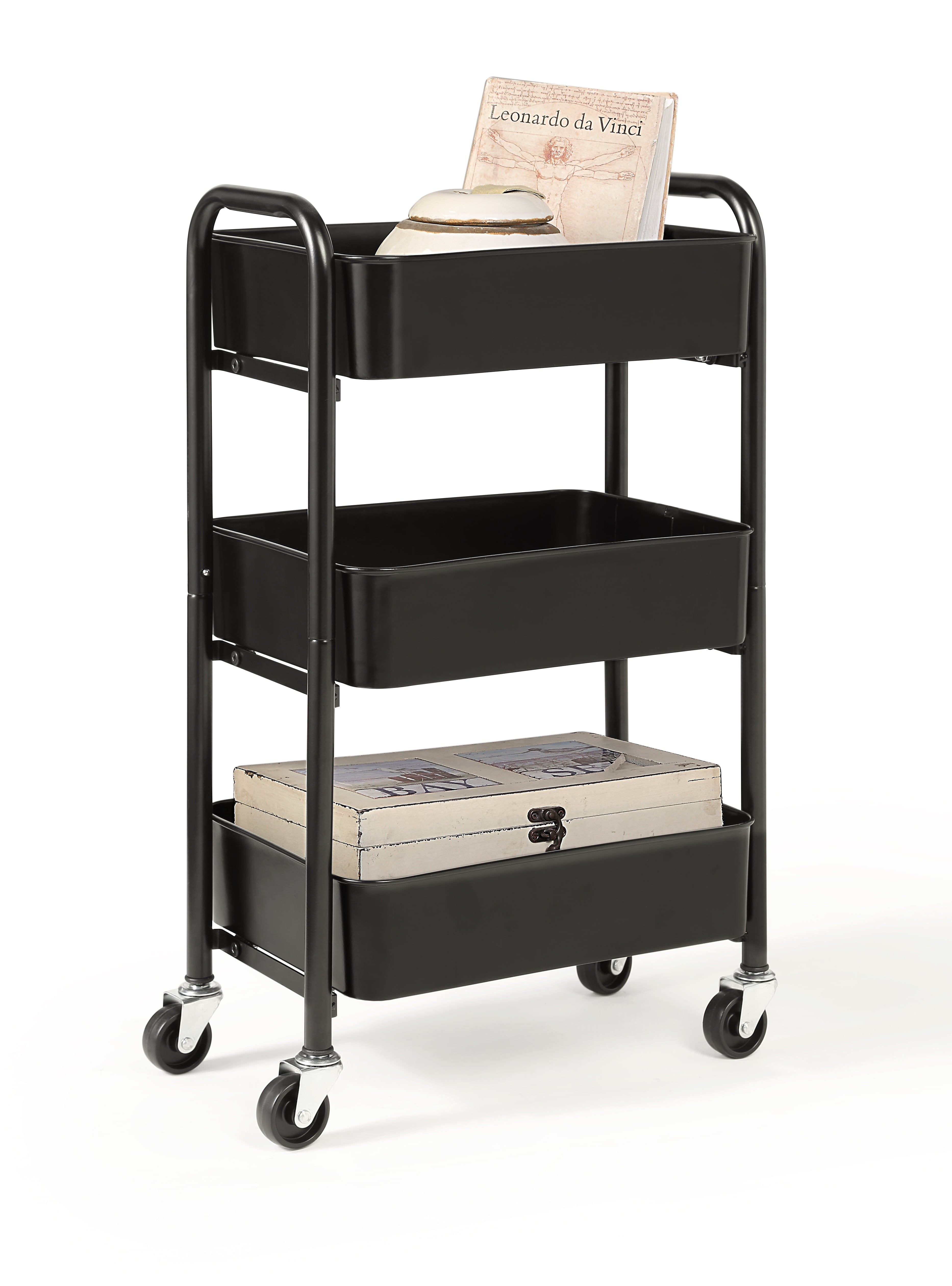 SunnyPoint 3-Tier Compact Rolling Metal Utility Cart Kitchen with Caster Wheels， Black
