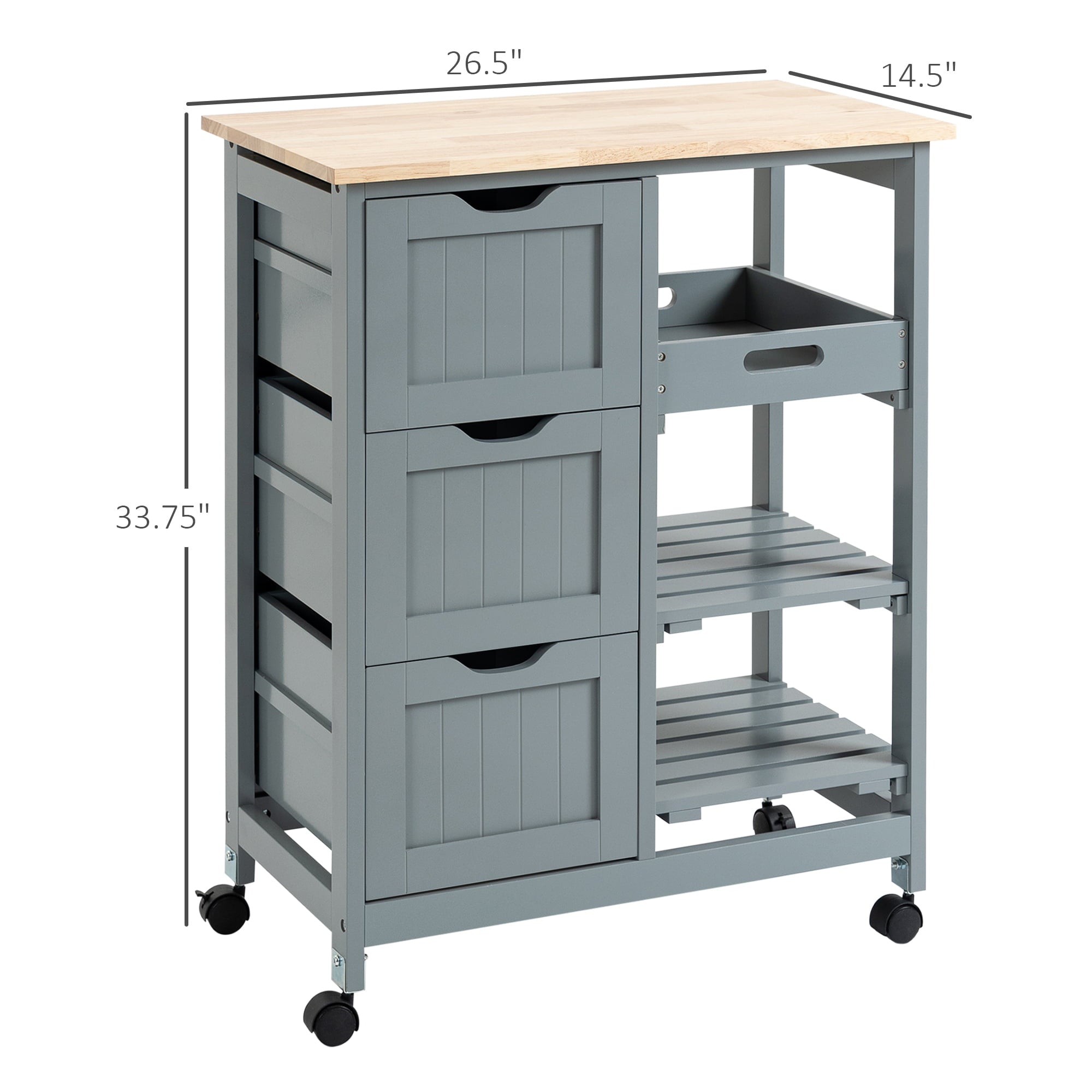 HomCom Rolling Kitchen Island Cart， Bar Serving Cart， Compact Trolley on Wheels with Wood Top， Shelves and Drawers for Home Dining Area， Gray