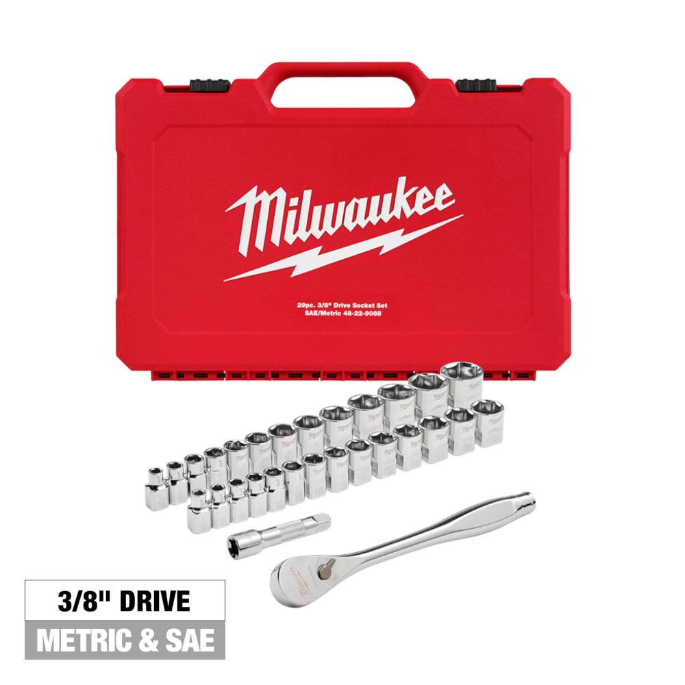 Milwaukee 3/8 Drive Metric & SAE Ratchet/Socket 29pc Set with FOUR FLAT SIDES