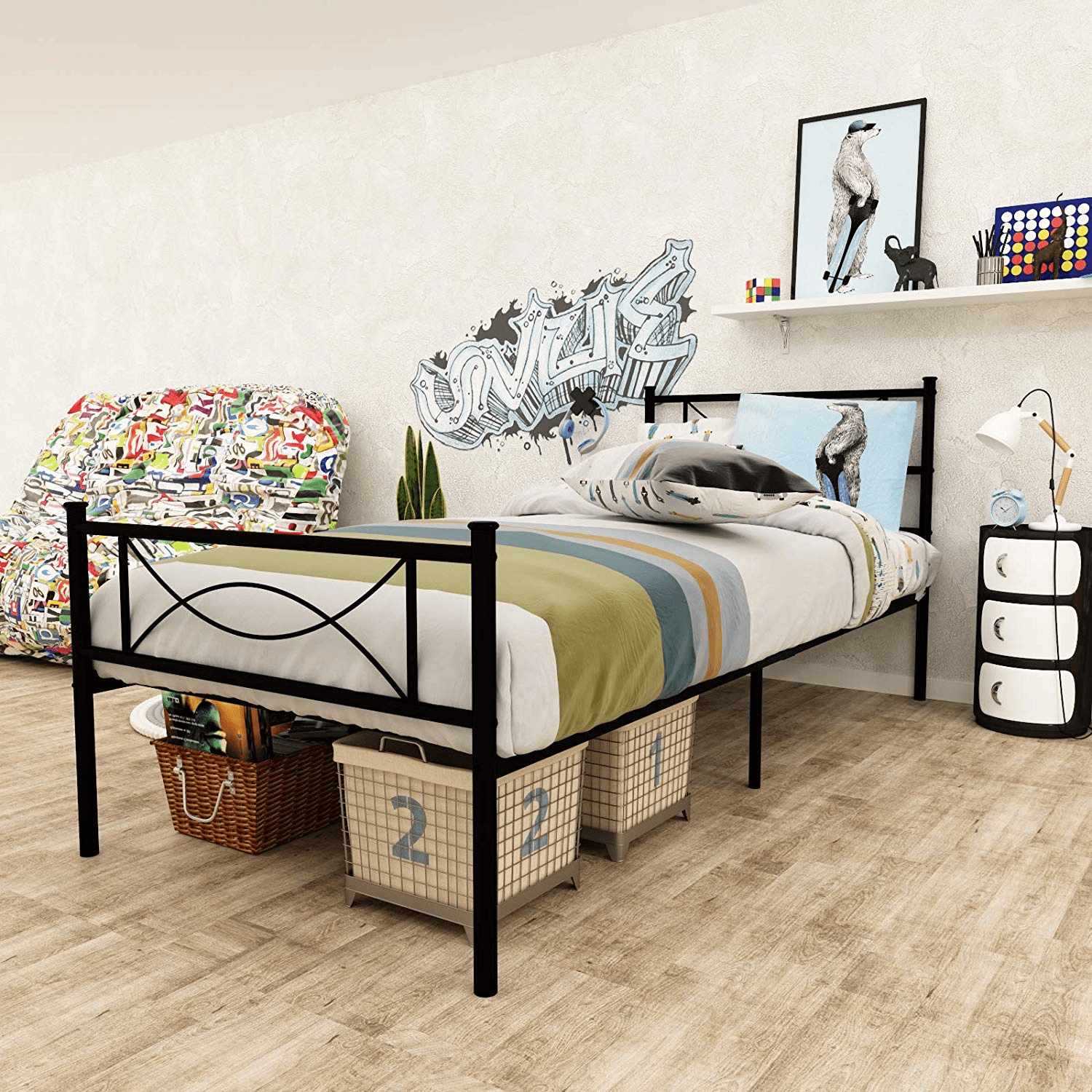 Yoneston Twin Size Metal Platform Bed with Bowknot Headboards Easy Assembly (Mattress Not Included)