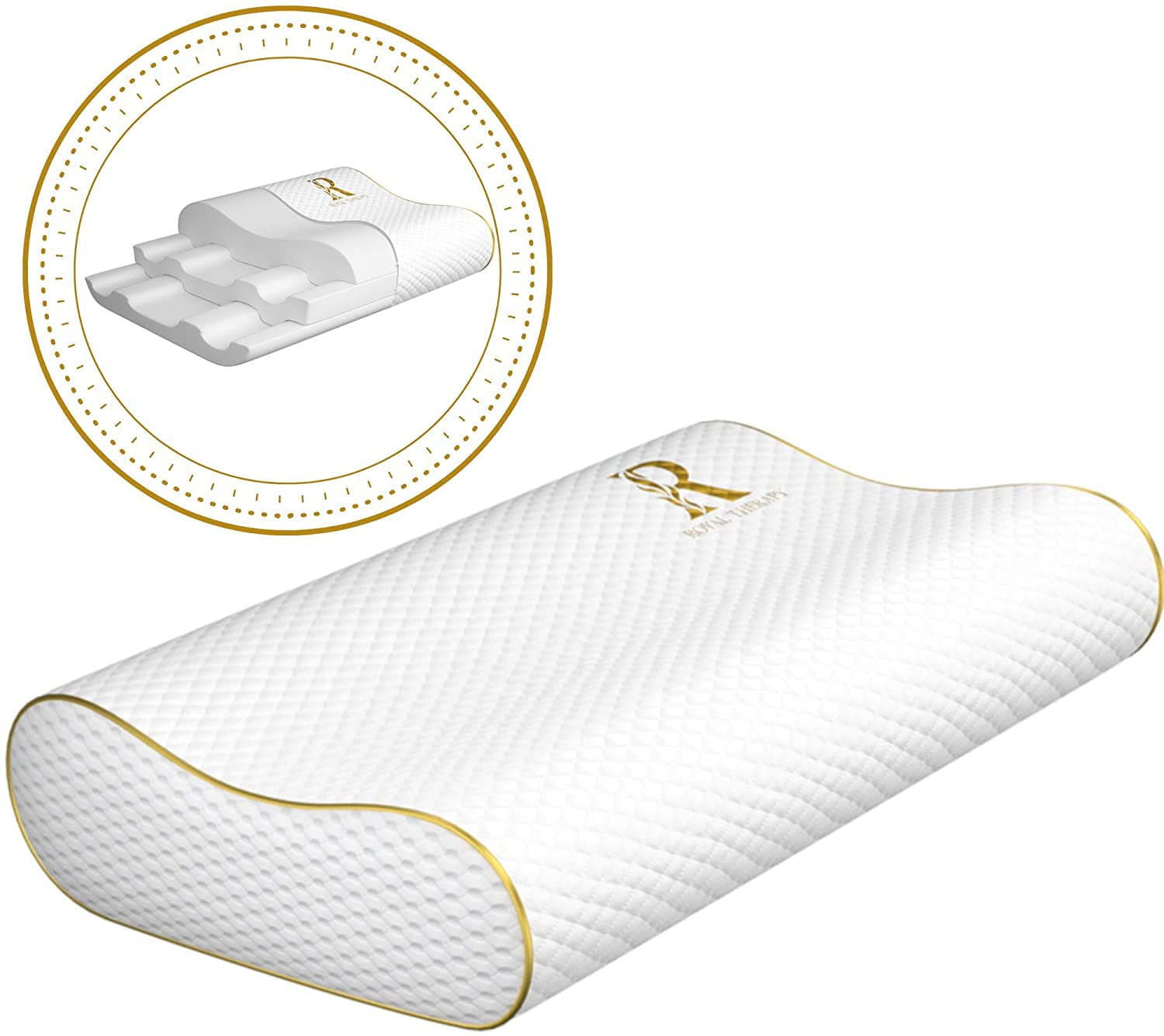 Royal Therapy Queen Memory Foam Pillow + Extra Pillowcase, Bed Pillow or Neck & Shoulder, Support for Back, Stomach, Side Sleepers, Orthopedic Contour Pillow, Bamboo Adjustable