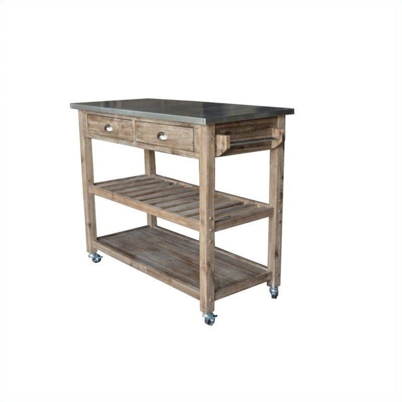 Boraam Sonoma Wood Kitchen Cart with Stainless Steel Top - Barnwood Wire-Brush Finish