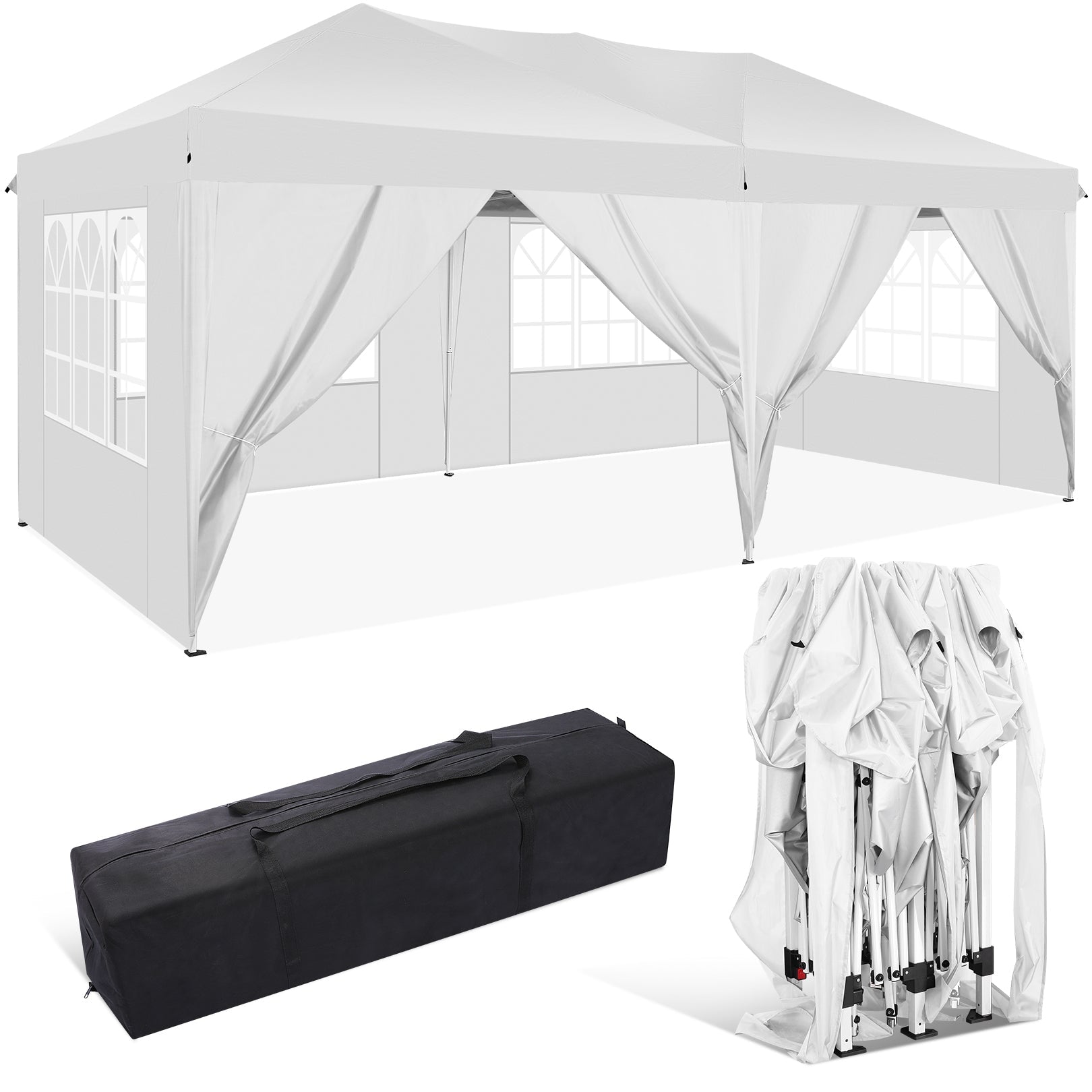 10' x 20' Outdoor Canopy Tent EZ Pop Up Backyard Canopy Portable Party Commercial Instant Canopy Shelter Tent Gazebo with 6 Removable Sidewalls & Carrying Bag for Wedding Picnics Camping, White