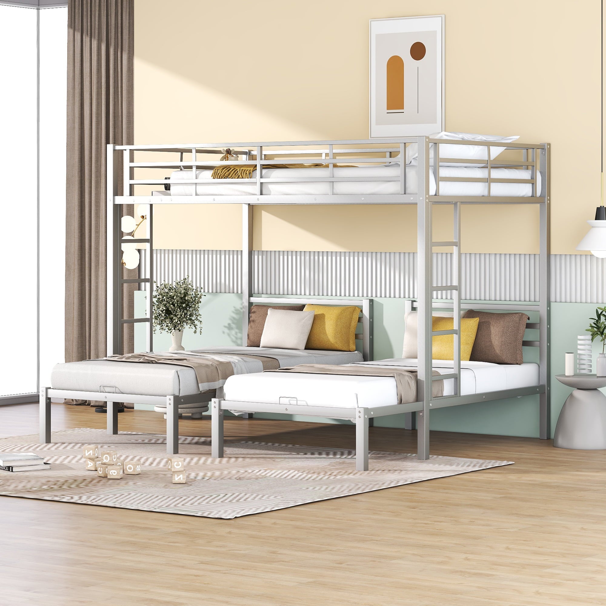 Bellemave Metal Triple Bunk Bed with Ladder, Full over Twin & Twin Bunk Bed for 3 Kids, Teens, Boys & Girl in Bedroom (Silver)