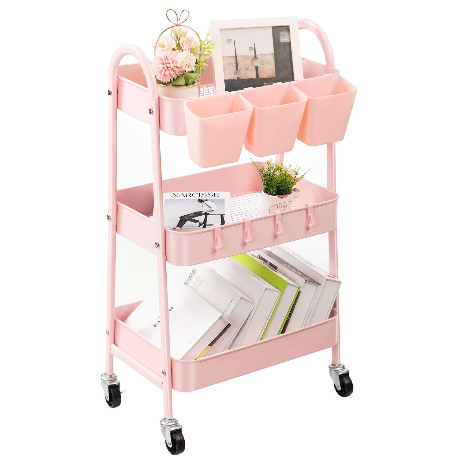 3-Tier Metal Rolling Utility Storage Cart with Lockable Wheels and Ergonomic Handles and Hanging Cups， Multifuctional Trolley Cart for Sitting Room， Bathroom， Kitchen， Study， Pink