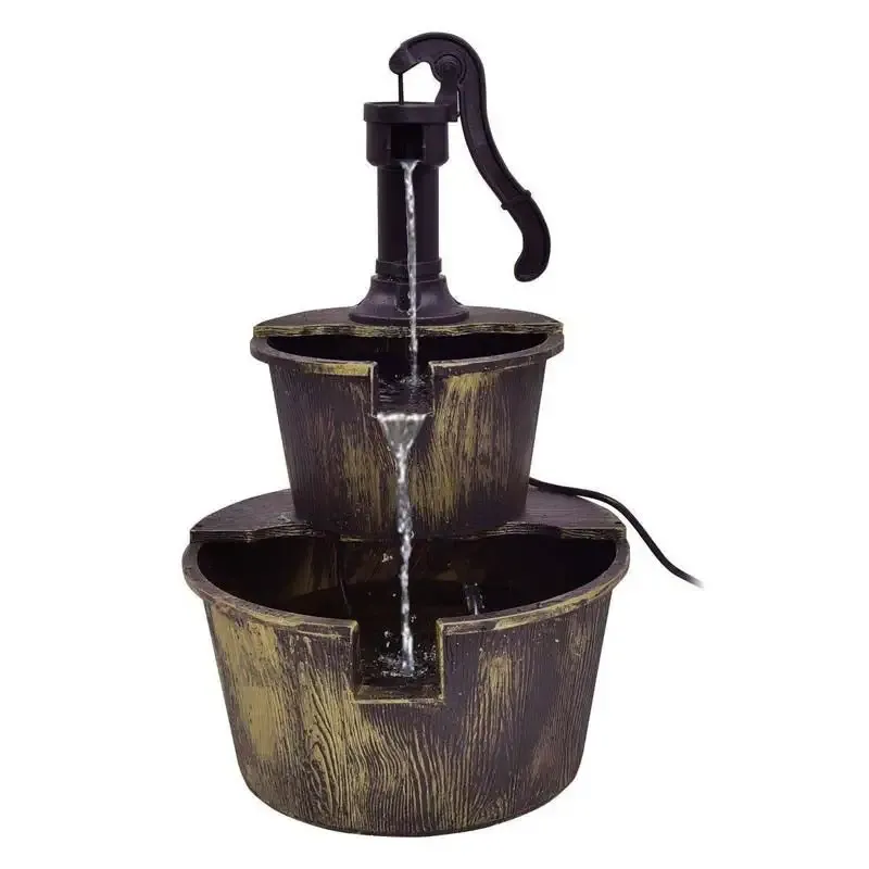 2 Tier Outdoor Rustic Pump Barrel Waterfall Fountain for Garden