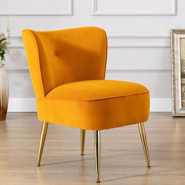 Modern Velvet Side Tufted Wingback Accent Leisure Chair with Ginger Fabric Upholstered Seat and Gold Metal Legs