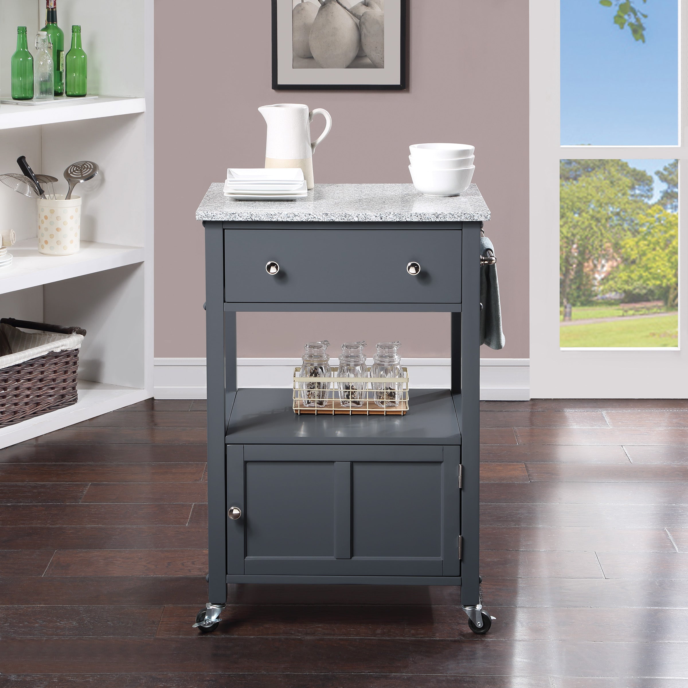 OS Home and Office Furniture Fairfax Model FRXG-2 Gray Kitchen Cart with Doors， Towel Rack， and Drawer