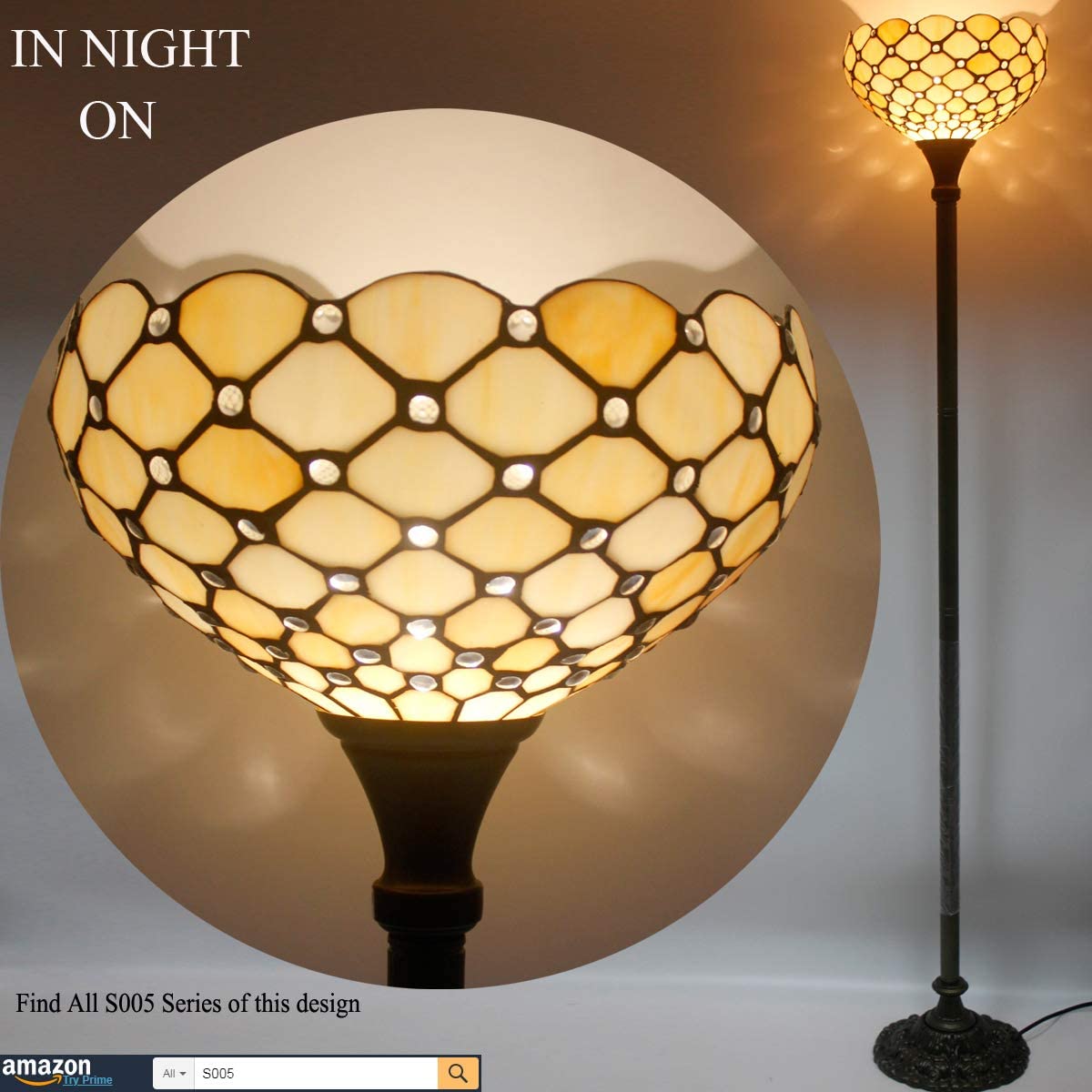 BBNBDMZ  Floor Lamp Cream Amber Stained Glass Bead Light 12X12X66 Inches Pole Torchiere Standing Corner Torch Uplight Decor Bedroom Living Room  Office (LED Bulb Included) S005 Ser