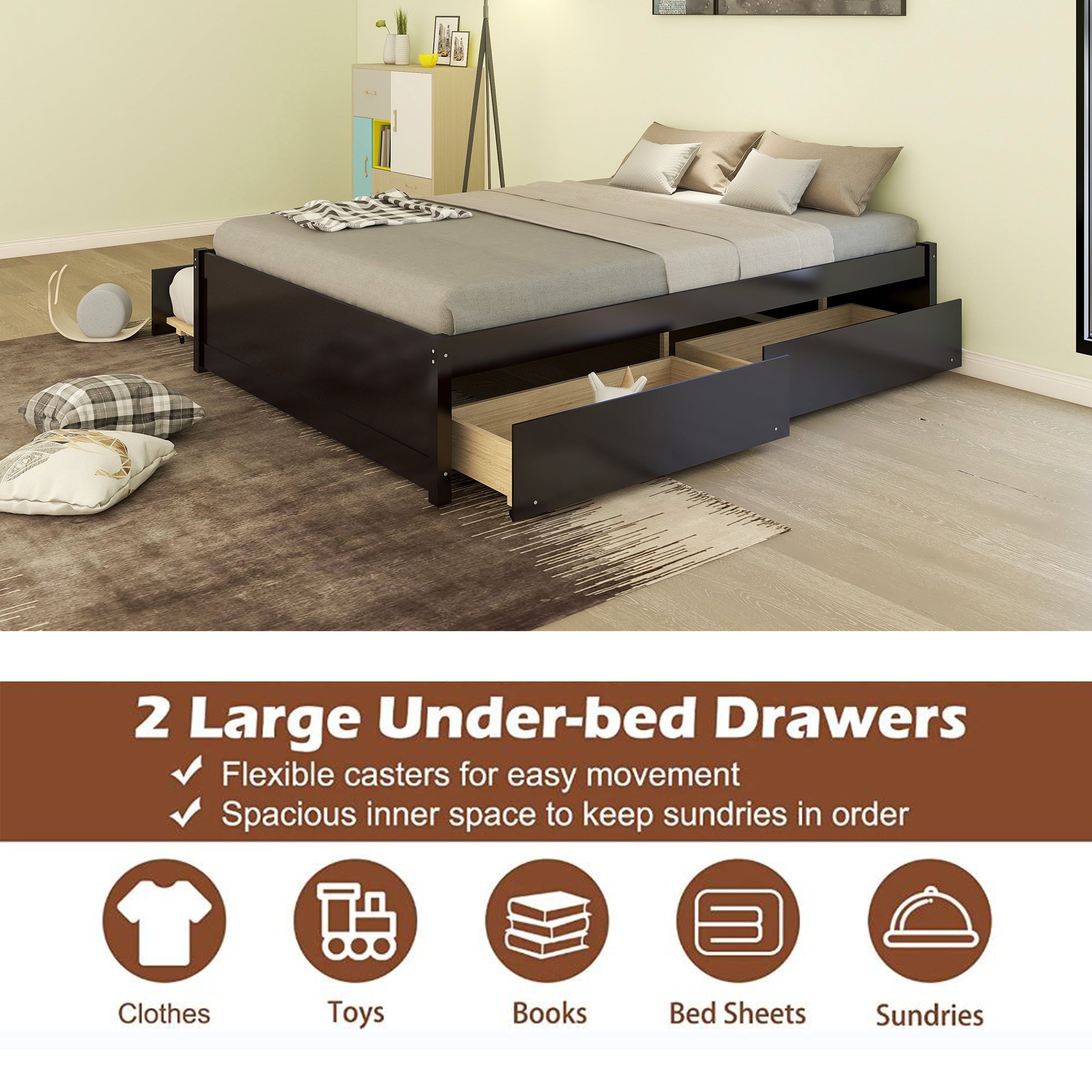 Bellemave Full Bed with Trundle and Storage, Solid Wood Full Size Platform Bed Frame with Drawers, Space-Saving Full Bed for Kids Teens and Adults (Espresso)