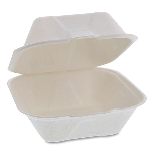 Pactiv EarthChoice Bagasse Hinged Lid Container | 5.8 x 5.8 x 3.3， 1-Compartment， Natural， 500