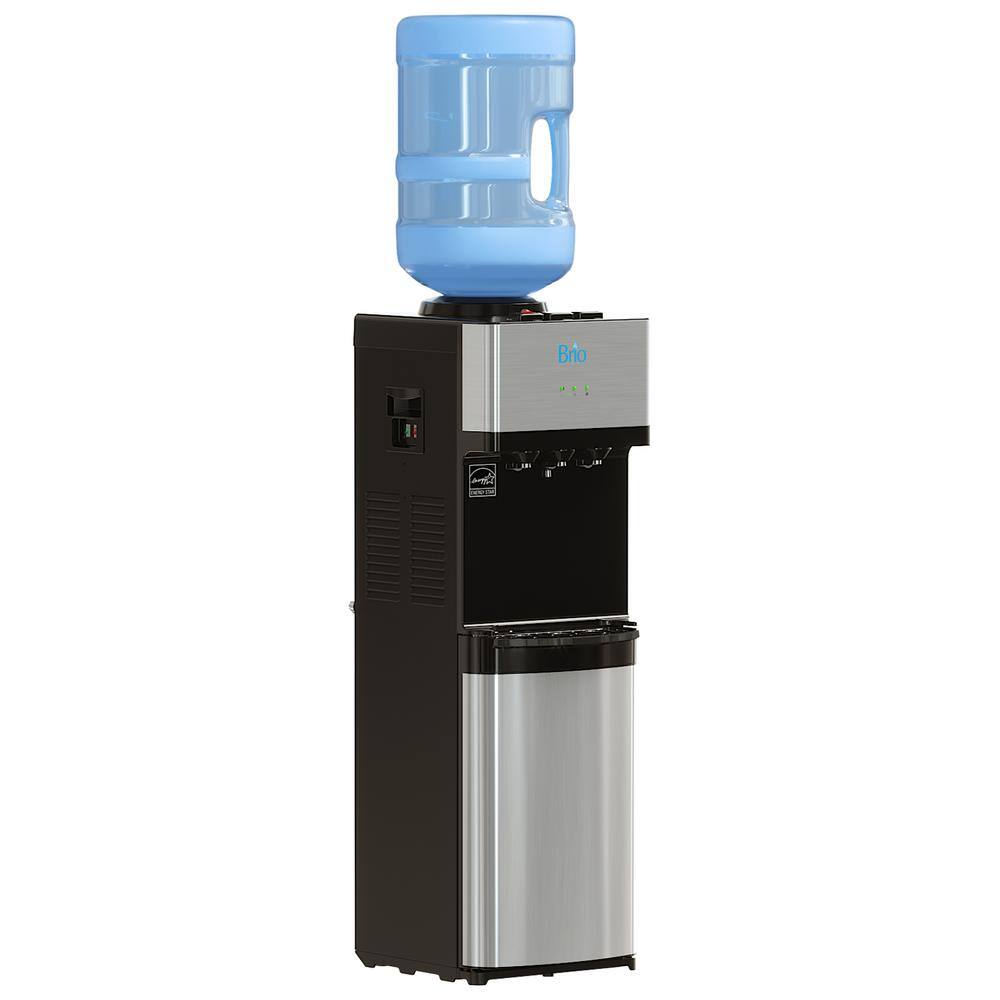 Brio CLTL520 Hot Cold and Room Temp Water Dispenser Cooler Top Load， Tri Temp， Black and Stainless Steel， Essential Series