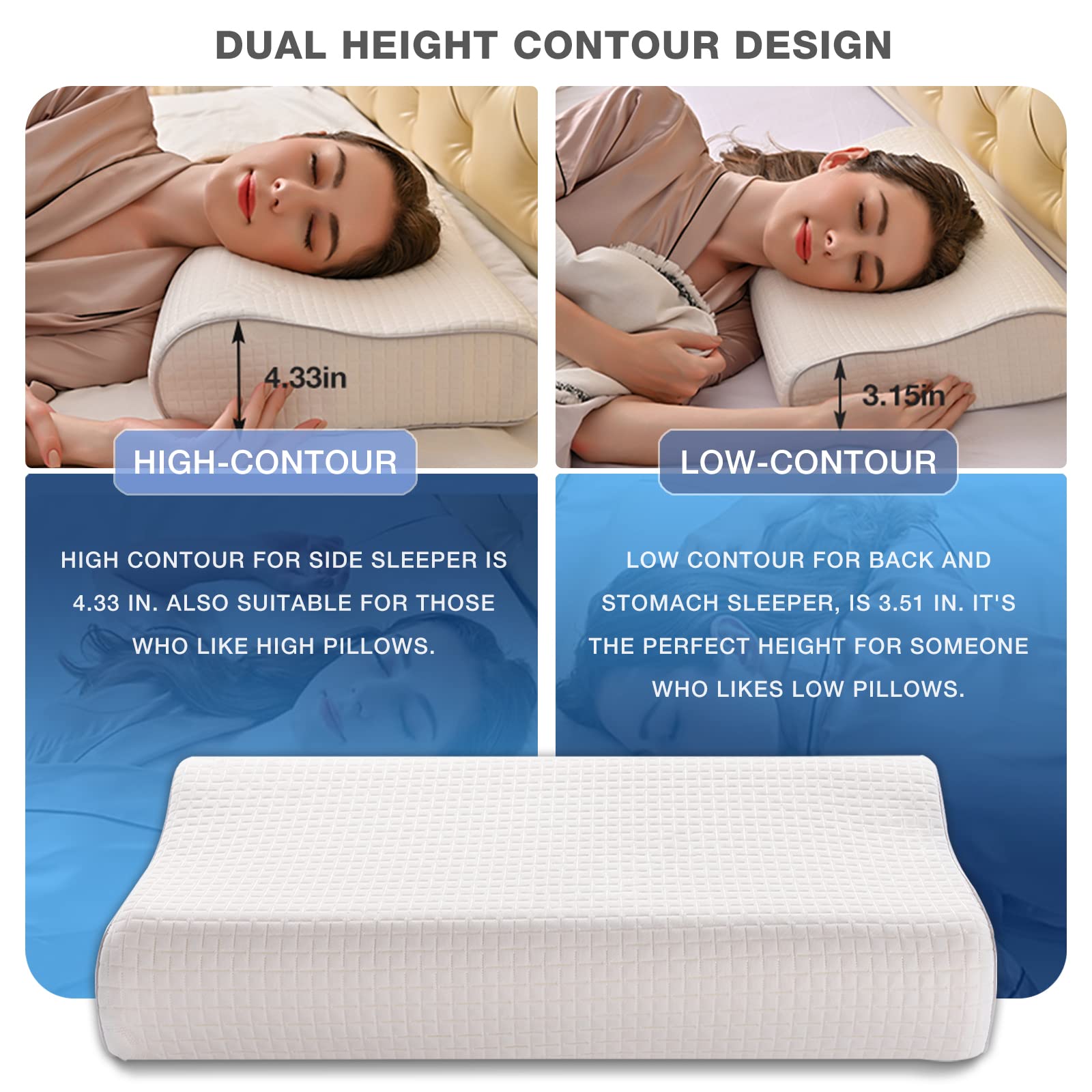 UlikTree Memory Foam Pillow for Neck and Shoulder Pain Washable Cover Cooling Standard Size Bed for Back, Side,Stomach Sleepers Provides Deeper Sleep