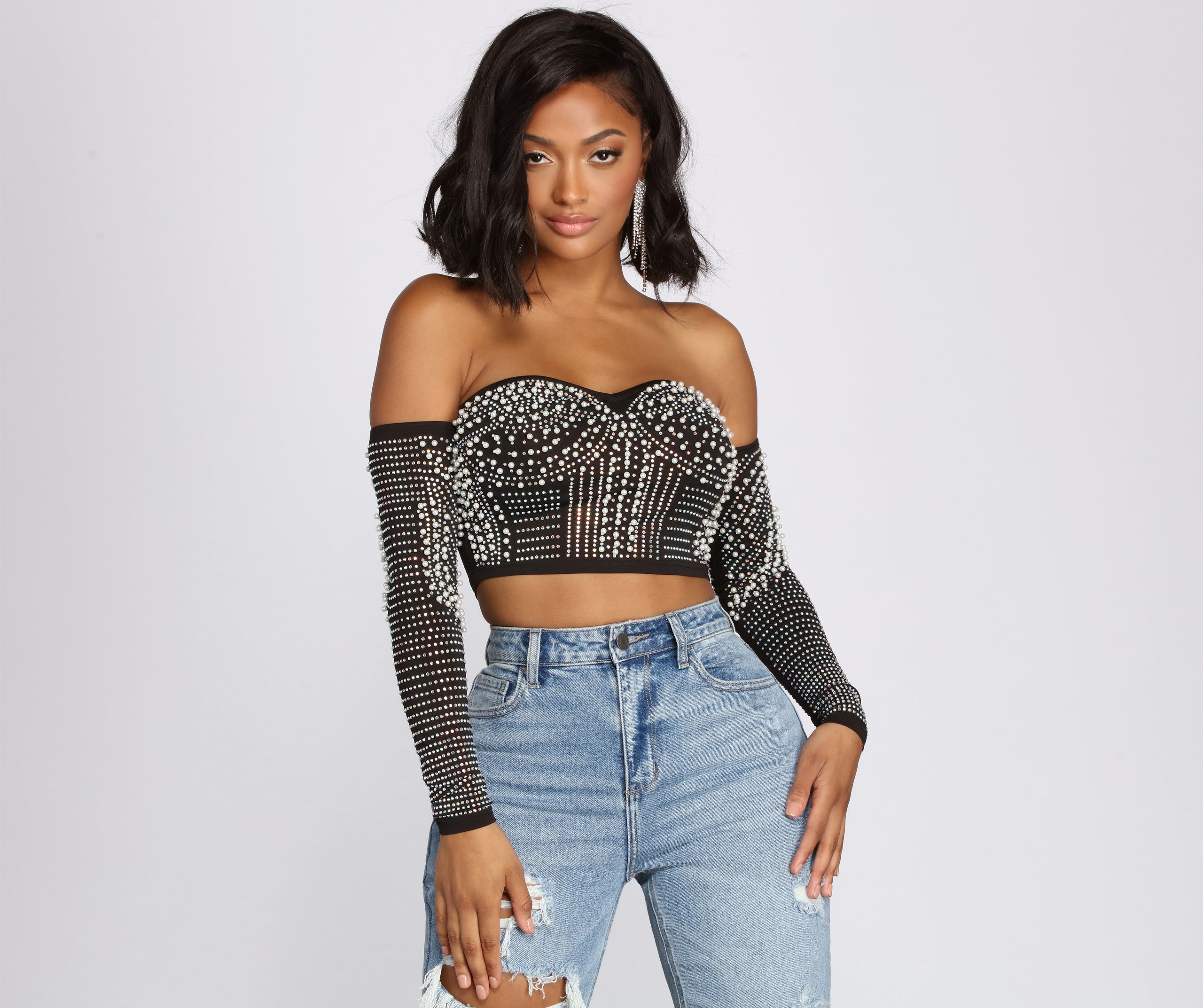 Beautifully Beaded Rhinestone And Pearl Crop Top