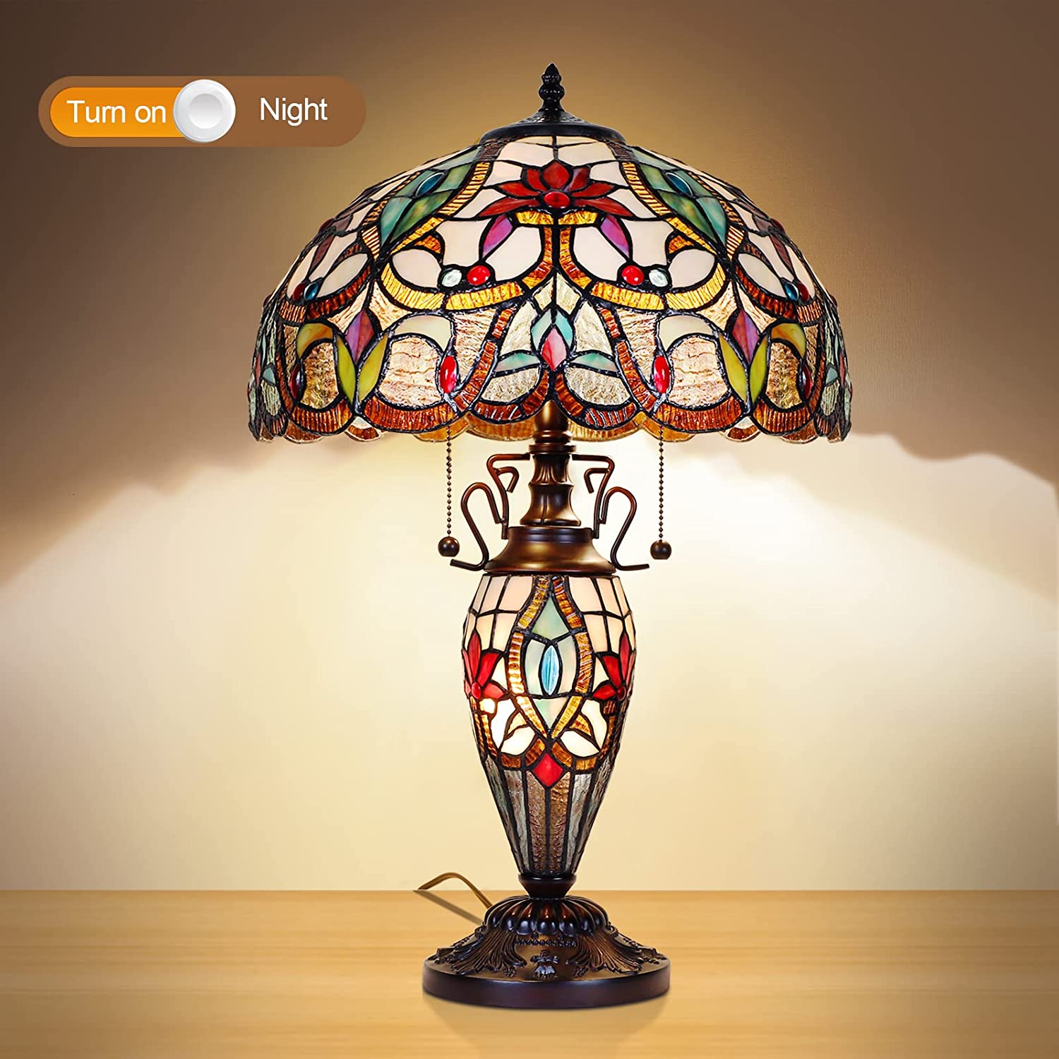 MOOVIEW  Lamp Night Light Stained Glass  Table Lamp 24\u2019\u2019 Tall Vintage Living Room Bedroom  Office Bedside Reading Lamp 3 LED Bulb Included  Orange Christmas Gift
