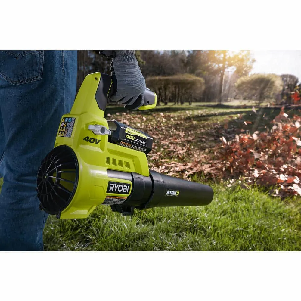RYOBI 40V 110 MPH 525 CFM Cordless Battery Variable-Speed Jet Fan Leaf Blower with 4.0 Ah Battery and Charger RY40480