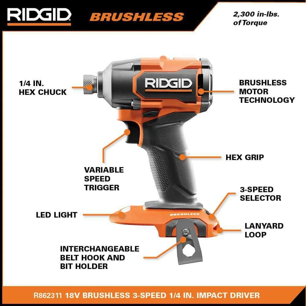 RIDGID 18V Brushless Cordless 2-Tool Combo Kit with Hammer Drill, Impact Driver, (2) Batteries, Charger, and Bag R9208