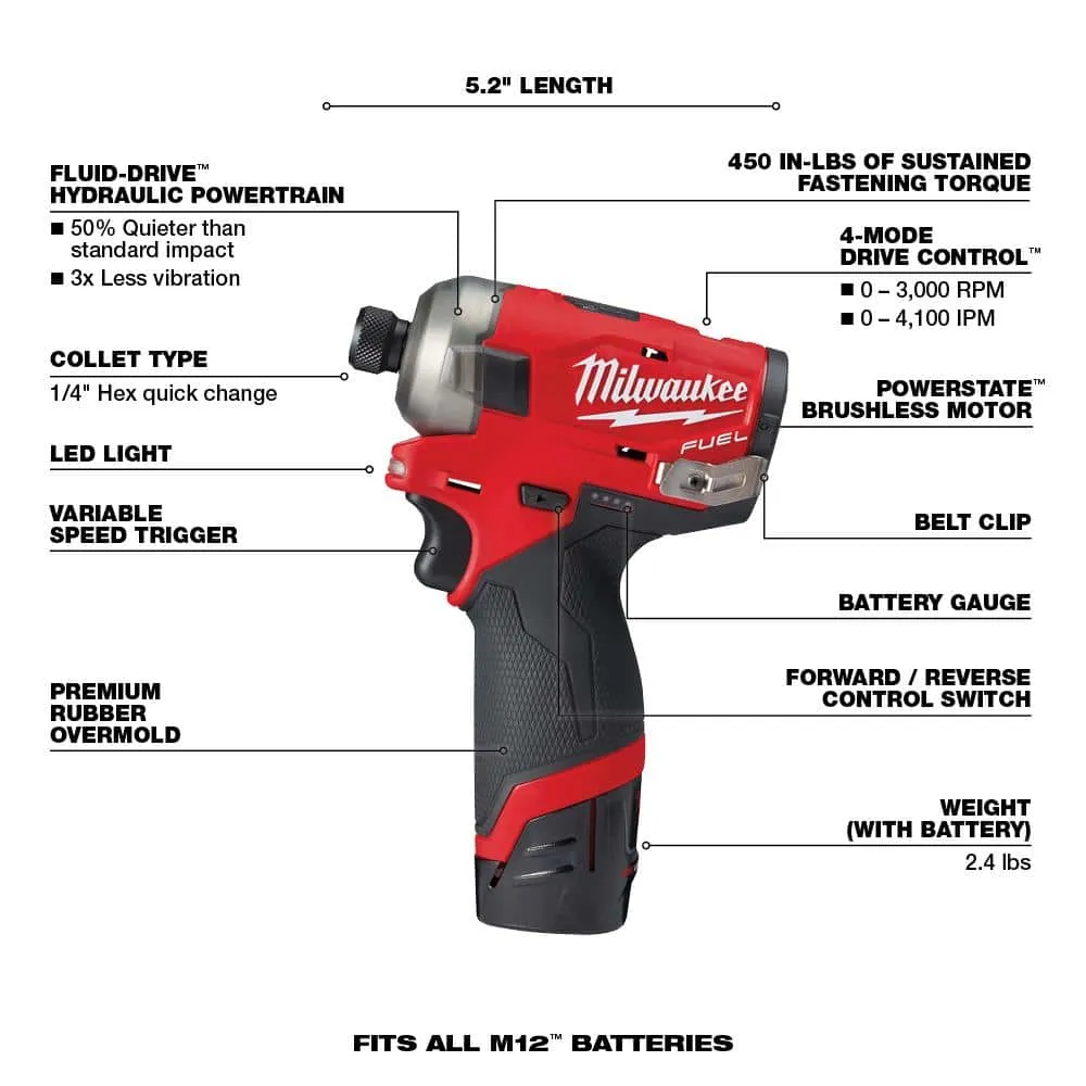 Milwaukee M12 FUEL SURGE 12V Lithium-Ion Brushless Cordless 1/4 in. Hex Impact Driver Compact Kit w/Two 2.0Ah Batteries, Bag 2551-22