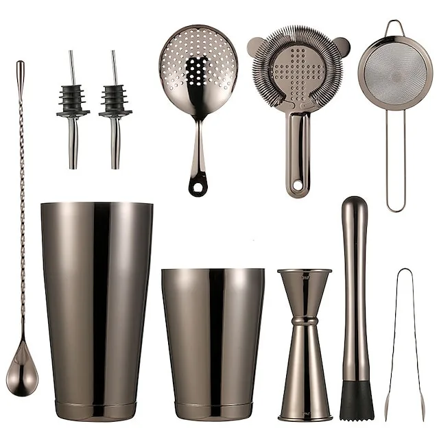 Boston Cocktail Shaker Set 12 Stainless Steel Bartender Kit, Including Shaker Tins, Double Jigger, Muddler, Mixing Spoon, Ice Tong, Cocktail Strainer and Conical Strainer by Barfame Gold Sliver Black