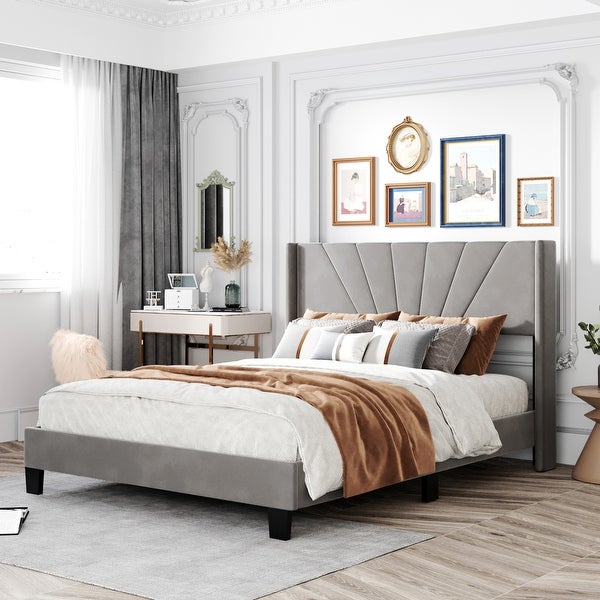 Queen Size Velvet Upholstered Platform Bed， Box Spring Needed - Gray