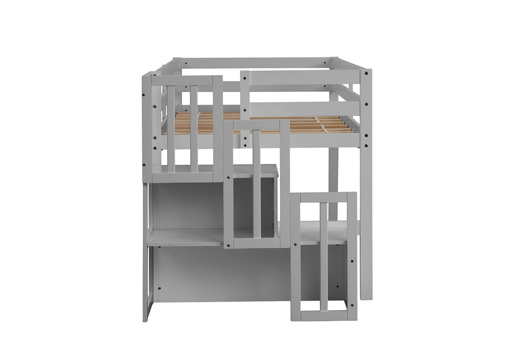 Twin Loft Bed with Stairs and Storage, Wood Loft Bed for Kids/Teens/Child's Room, 44.5 inches Tall, No Box Spring Needed (Gray)