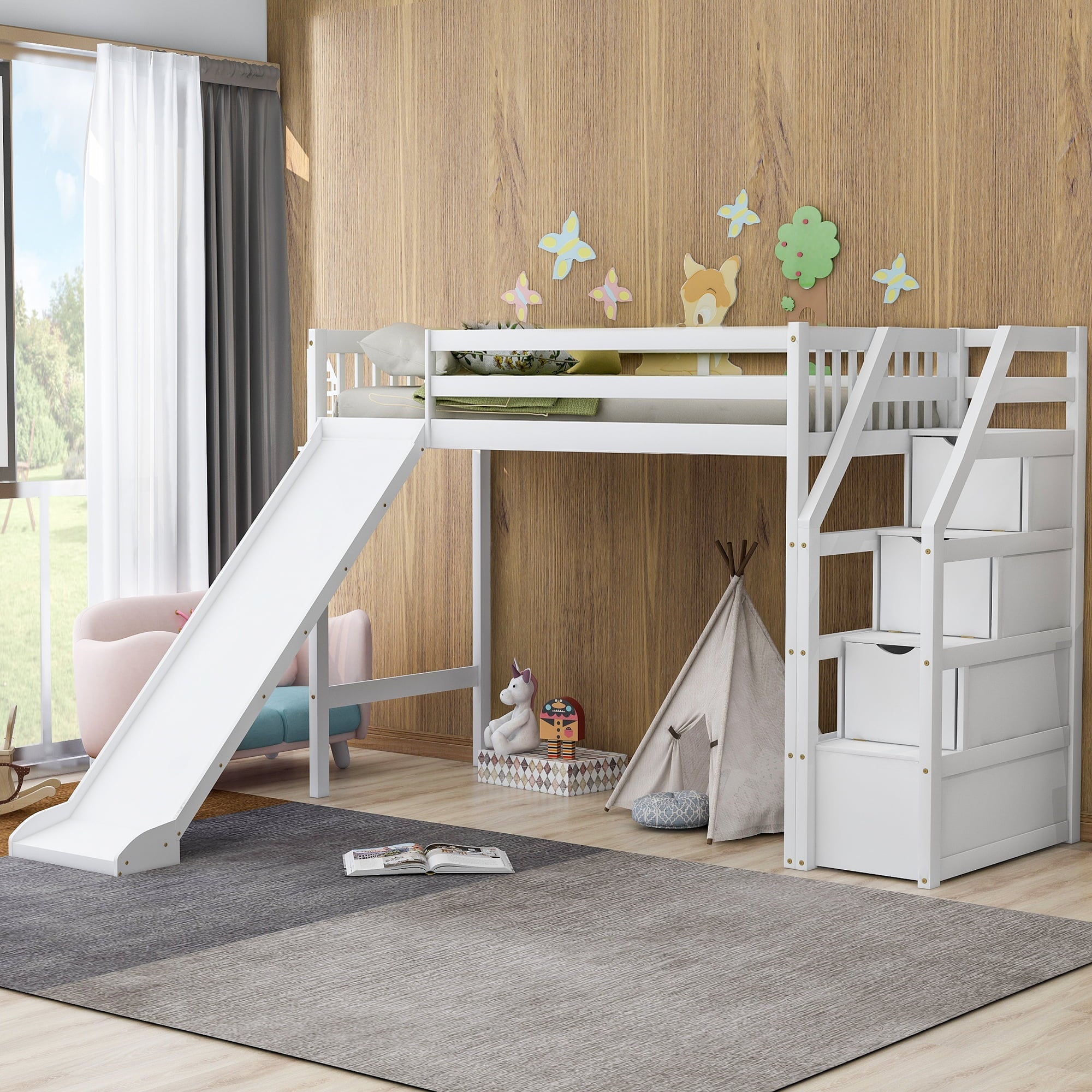 Euroco Wood Twin Size Loft Bed with Slide and Drawers for Child, White